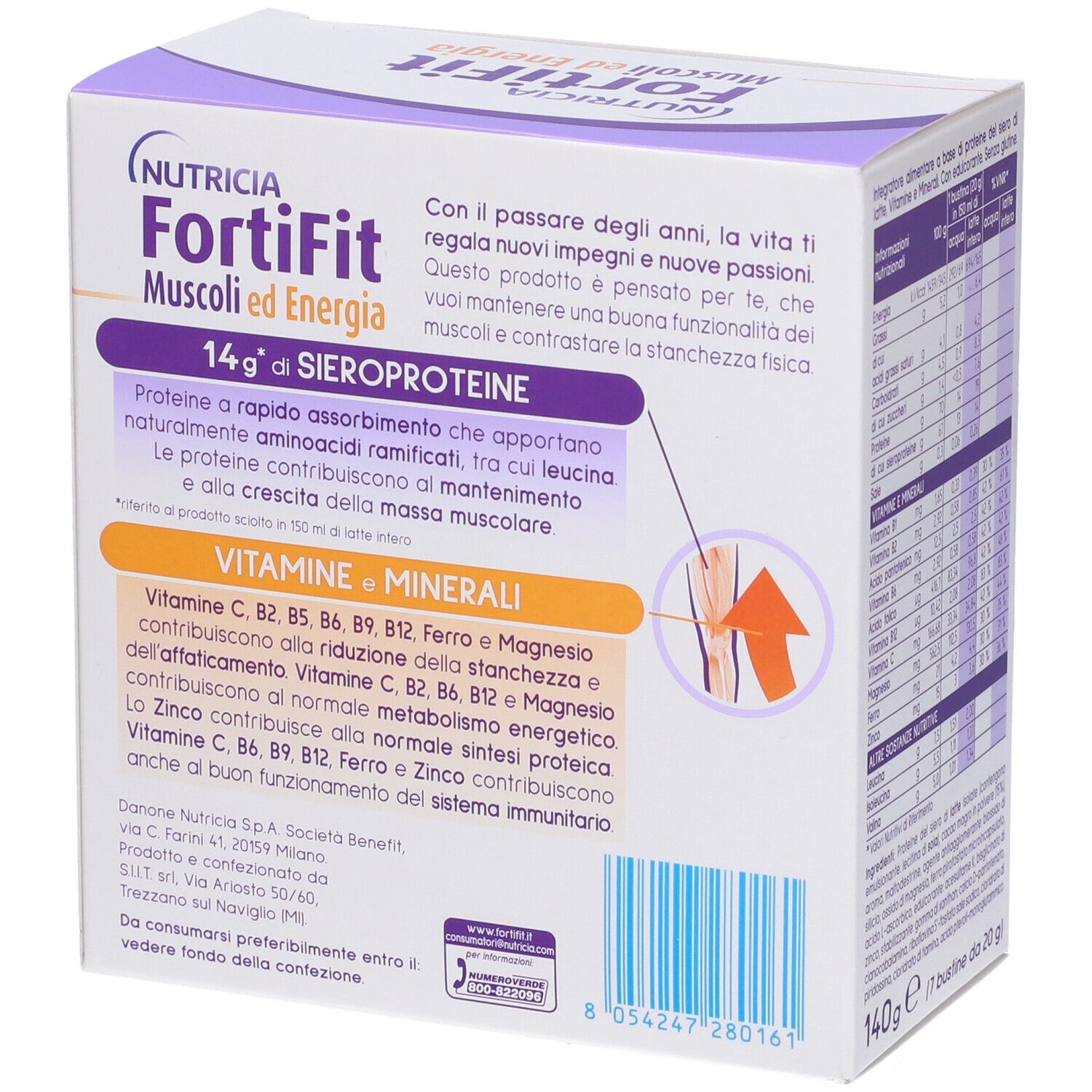 Retro della confezione di Fortifit Muscoli&energia Cacao. Contiene informazioni sugli ingredienti e i valori nutrizionali.