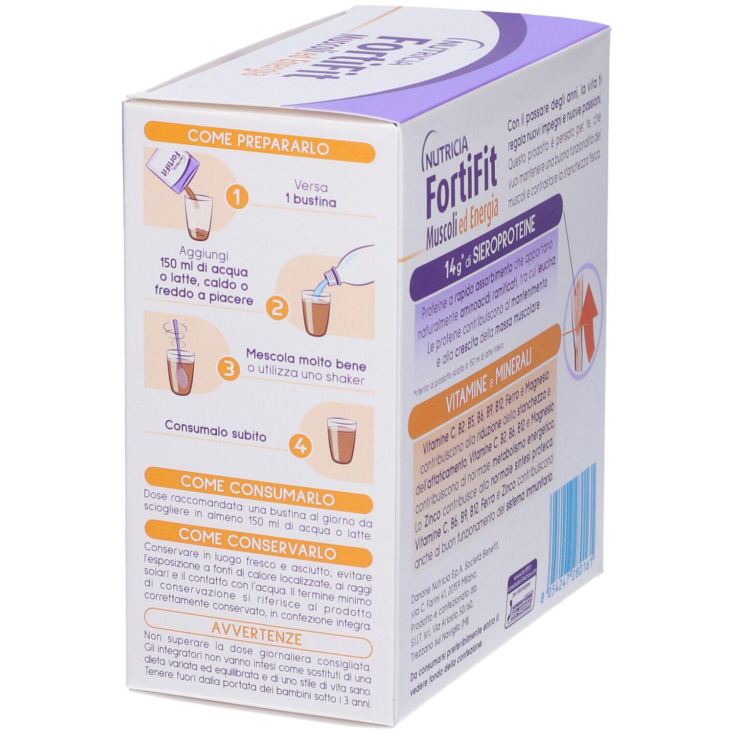 Lato della confezione di Fortifit Muscoli&energia Cacao. Istruzioni per la preparazione e l'uso del prodotto.