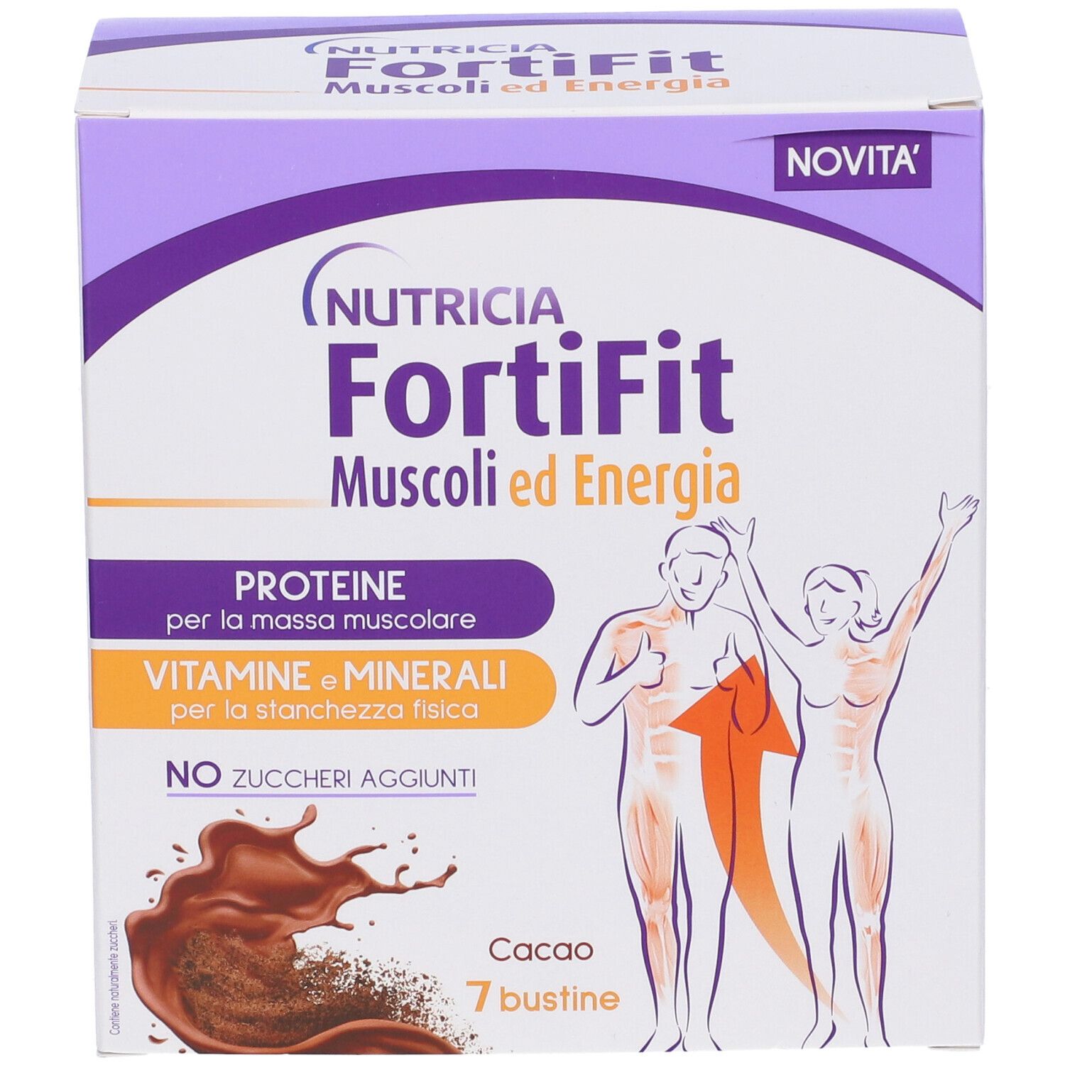 Confezione di Fortifit Muscoli&energia Cacao. Contiene 7 bustine. Scritte: Proteine, Vitamine & Minerali, senza zuccheri aggiunti.