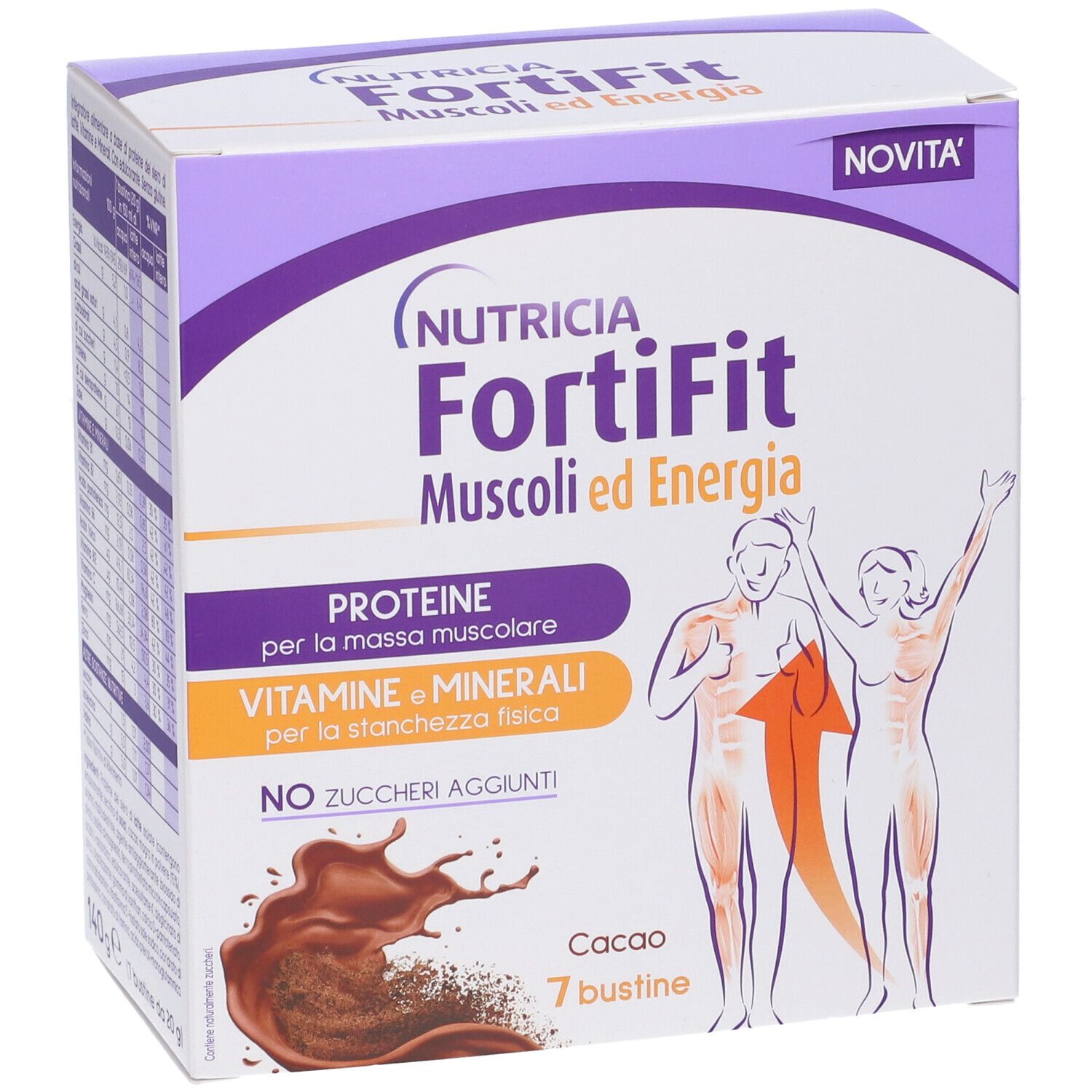 Confezione di Fortifit Muscoli&energia Cacao. Contiene 7 bustine. Scritte: Proteine, Vitamine & Minerali, senza zuccheri aggiunti.
