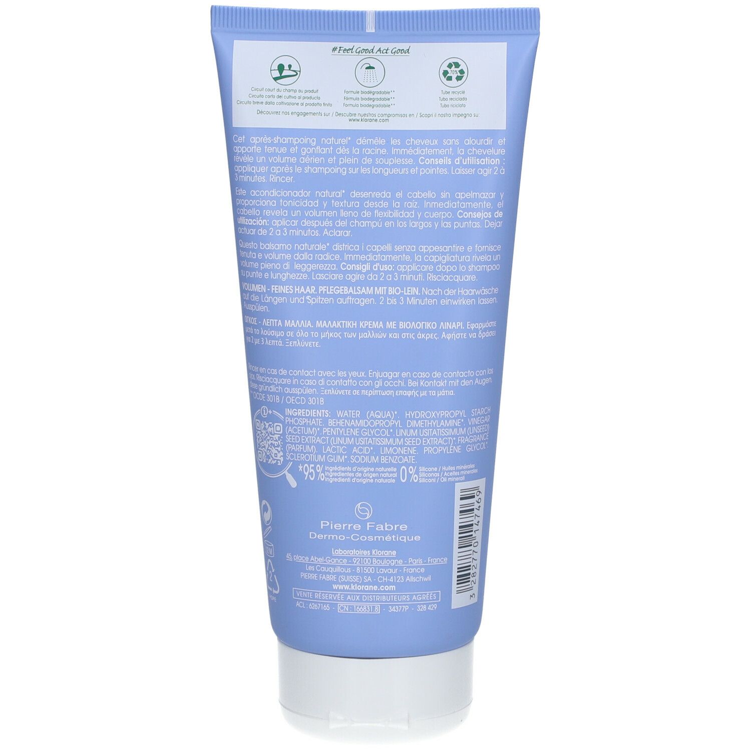 Retro del tubo Klorane blu chiaro. Testo multilingue. Eco-etichette e ingredienti. Produttore: Pierre Fabre.