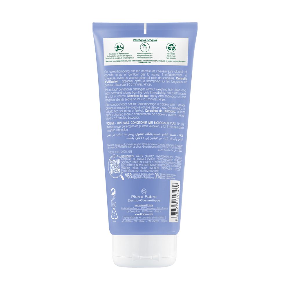 Retro del tubo Klorane blu chiaro. Testo multilingue. Eco-etichette e ingredienti. Produttore: Pierre Fabre.