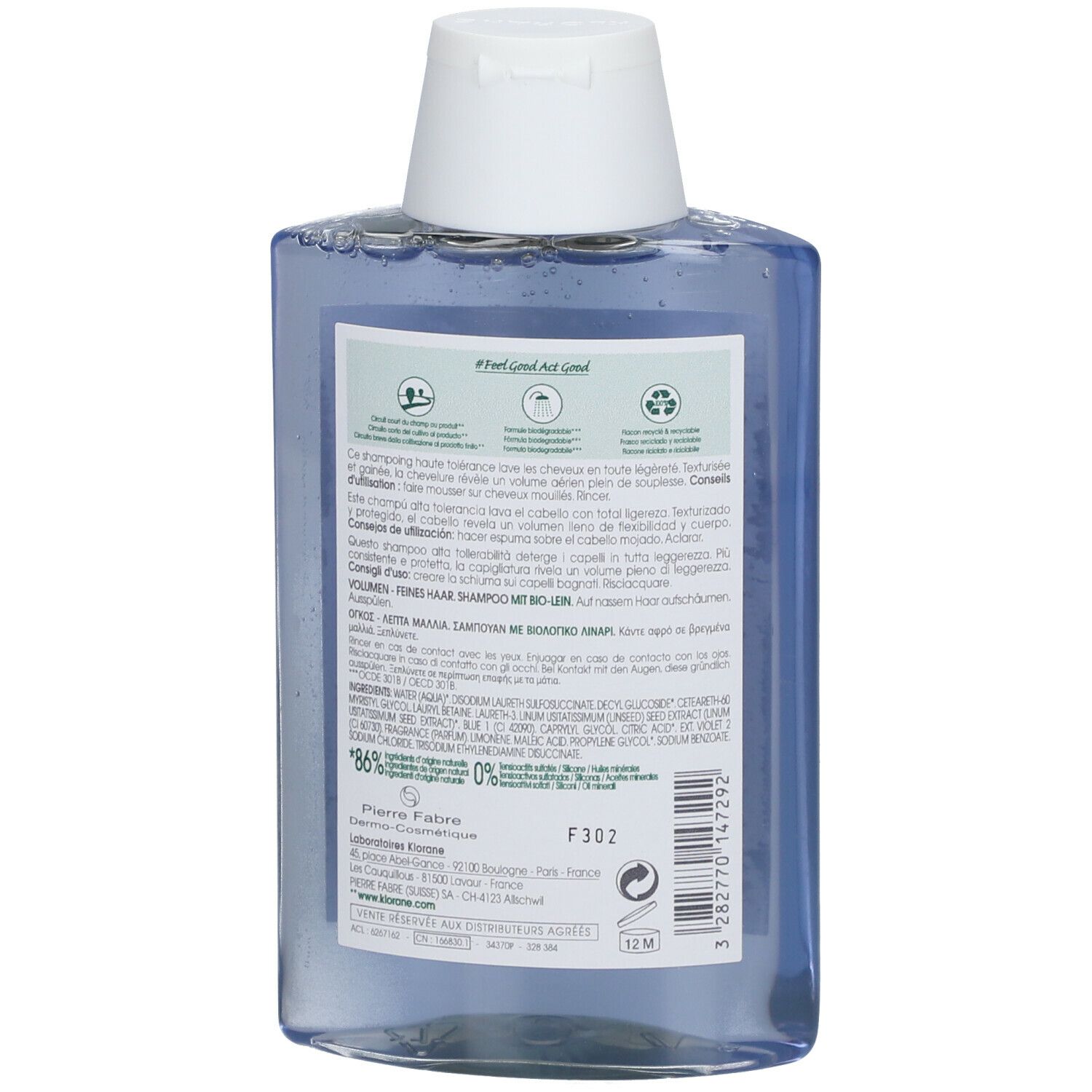 Retro di un flacone di shampoo blu. Informazioni testuali, ingredienti, certificazioni e dettagli del produttore.