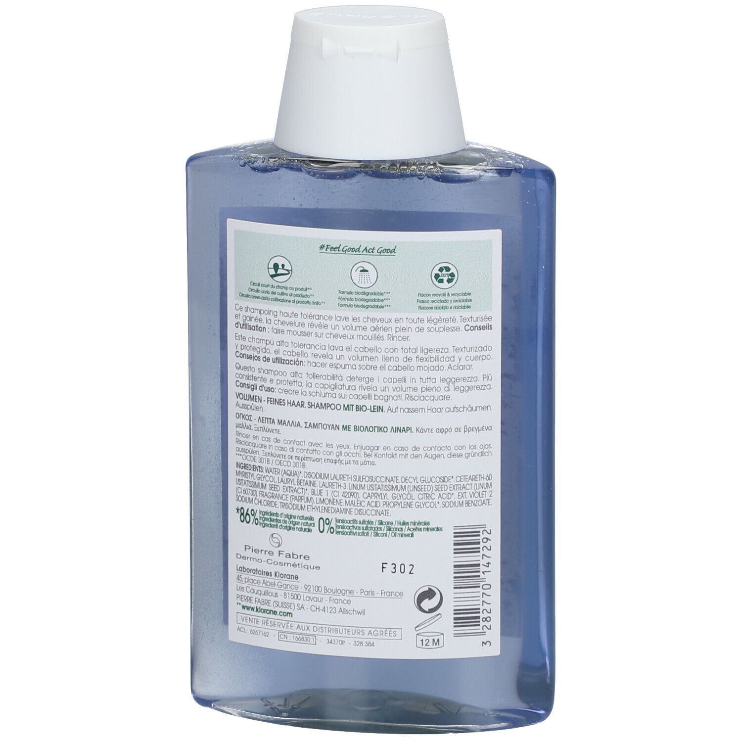 Retro di un flacone di shampoo blu. Informazioni testuali, ingredienti, certificazioni e dettagli del produttore.