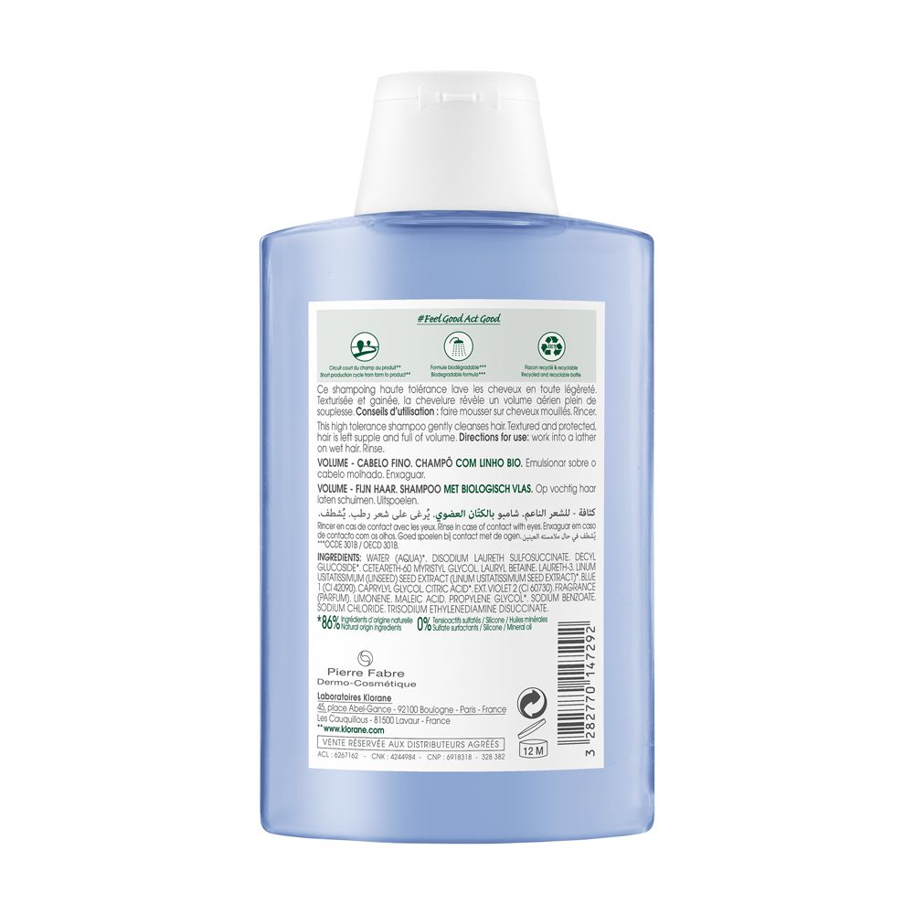 Retro di un flacone di shampoo blu. Informazioni testuali, ingredienti, certificazioni e dettagli del produttore.