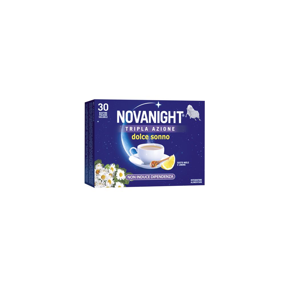 Confezione di NOVANIGHT® Dolce Sonno TRIPLA AZIONE. Scatola blu con nome prodotto, tazza, limone e camomilla.