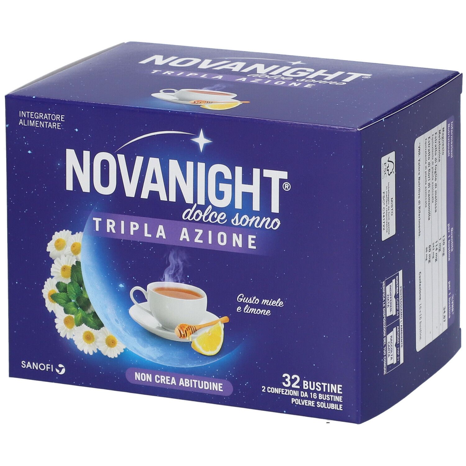 Confezione di NOVANIGHT® Dolce Sonno TRIPLA AZIONE. Scatola blu con nome prodotto, tazza, limone e camomilla.