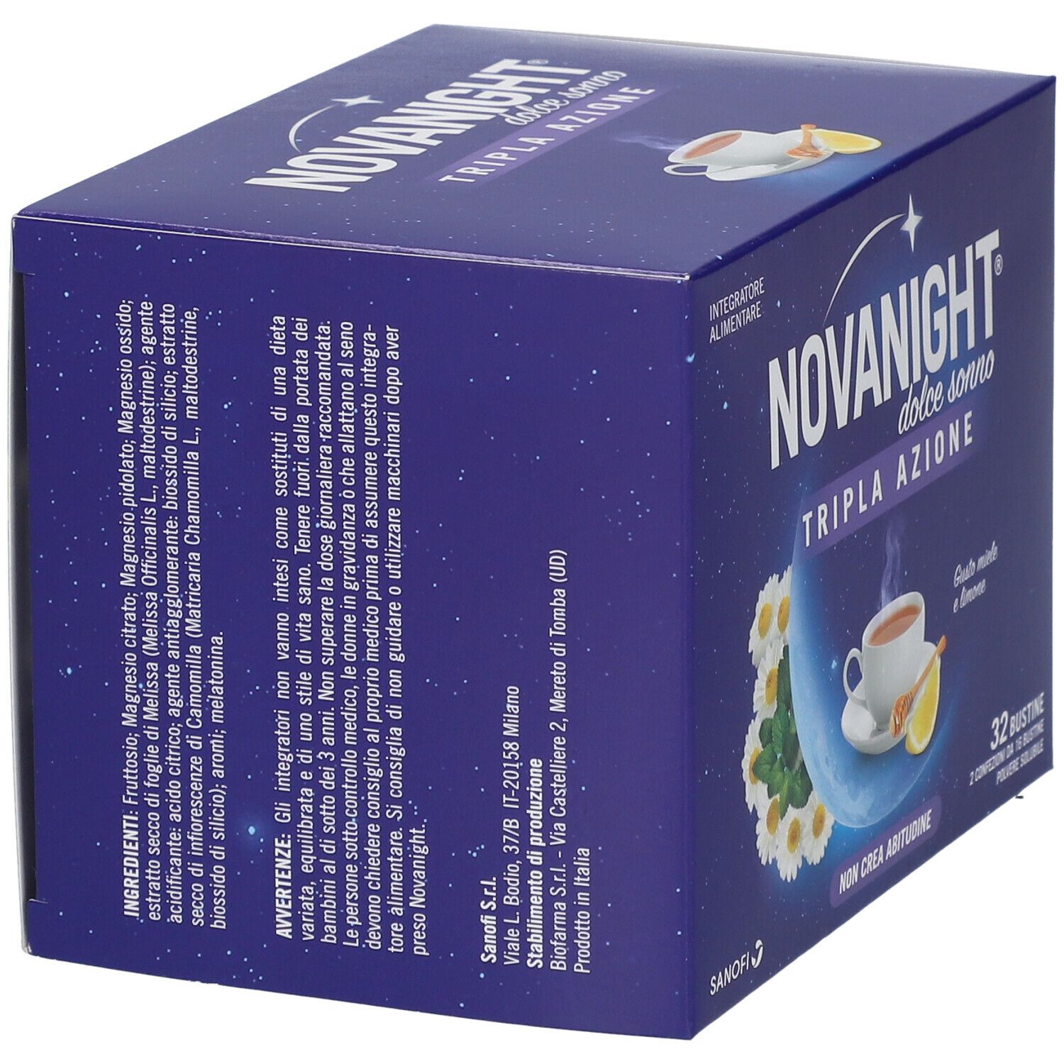 Retro della confezione NOVANIGHT® Dolce Sonno TRIPLA AZIONE. Testo su ingredienti, uso e benefici.