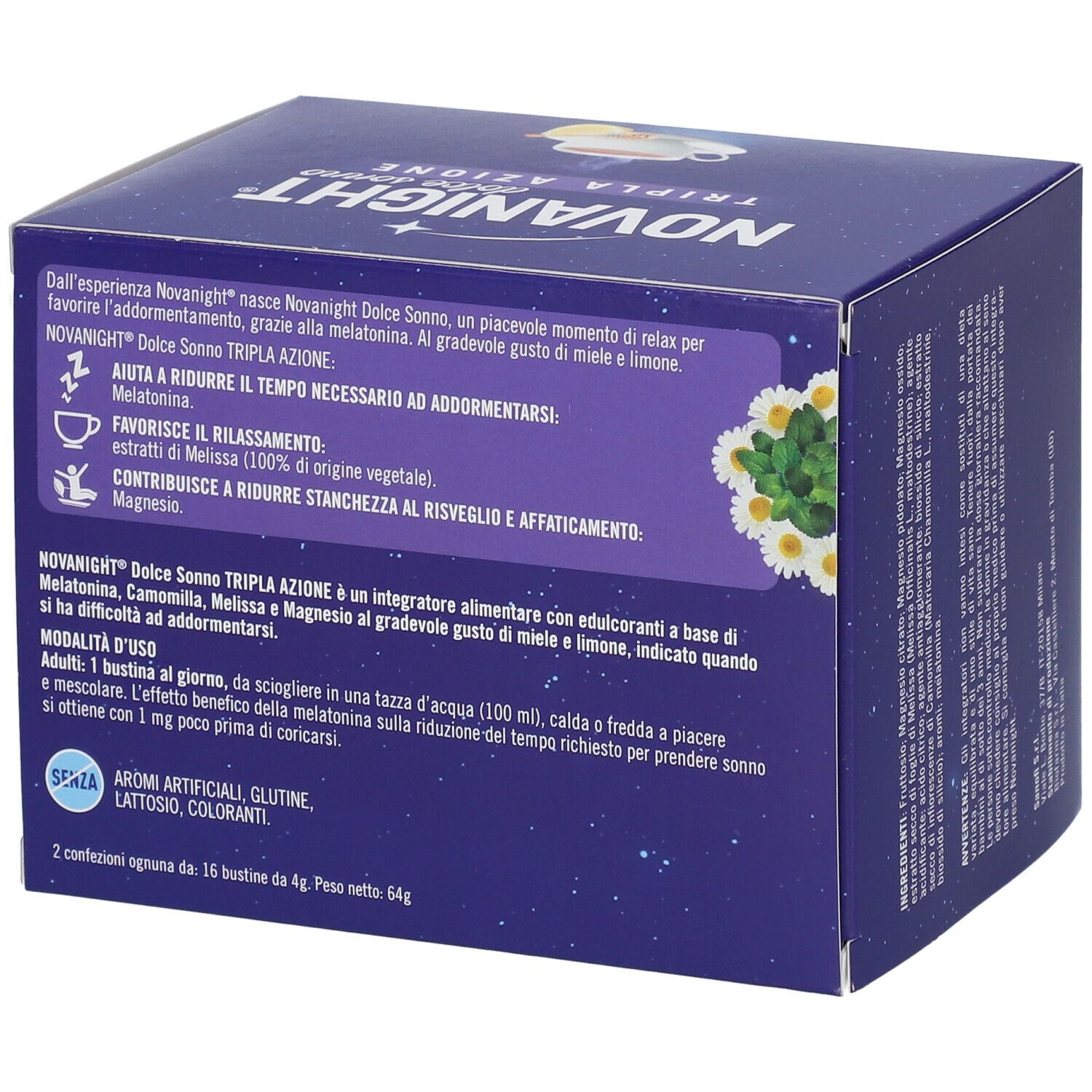 Retro della confezione NOVANIGHT® Dolce Sonno TRIPLA AZIONE. Testo su ingredienti, uso e benefici.