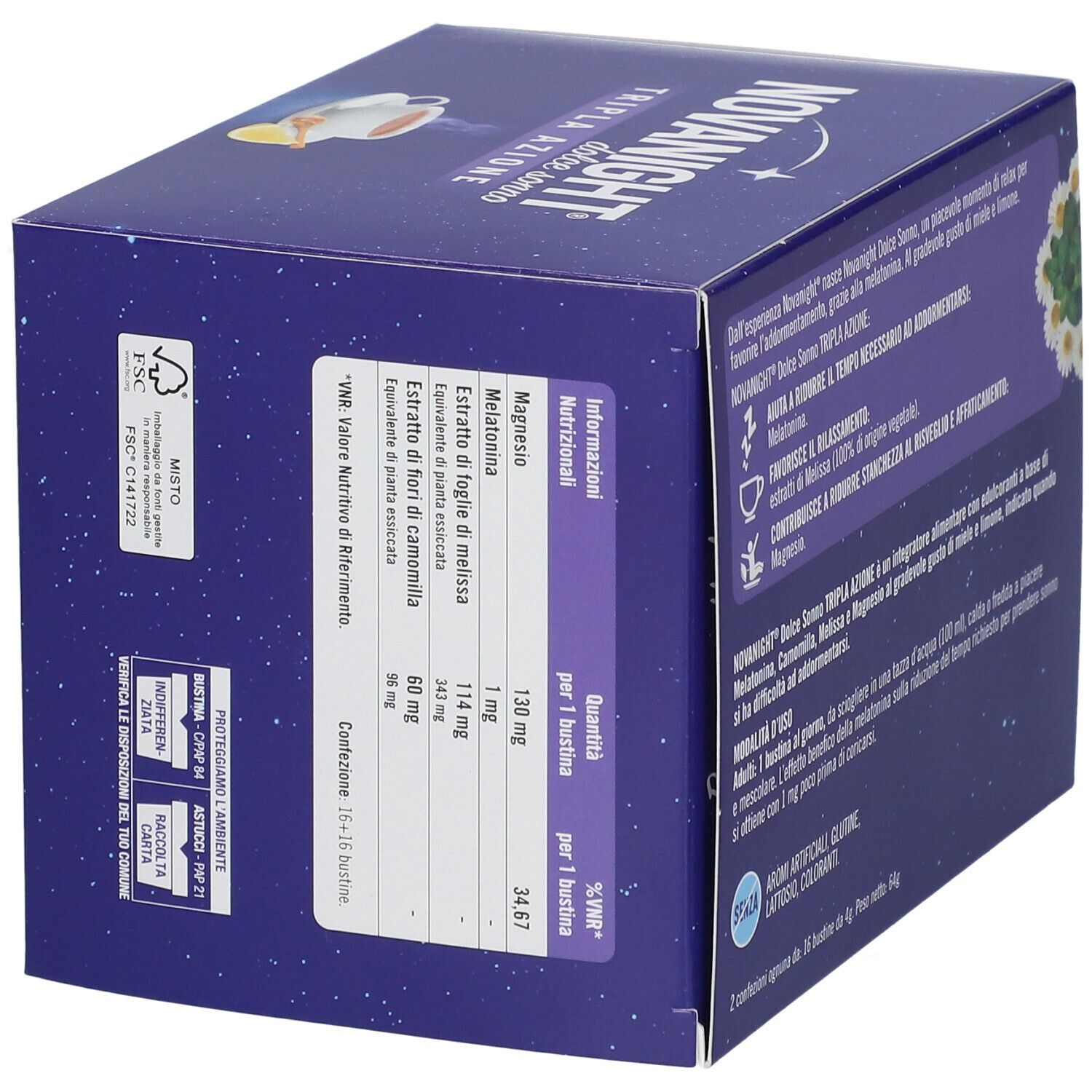 Fronte della confezione NOVANIGHT® Dolce Sonno TRIPLA AZIONE. Blu, con nome prodotto, tazza, limone e camomilla.