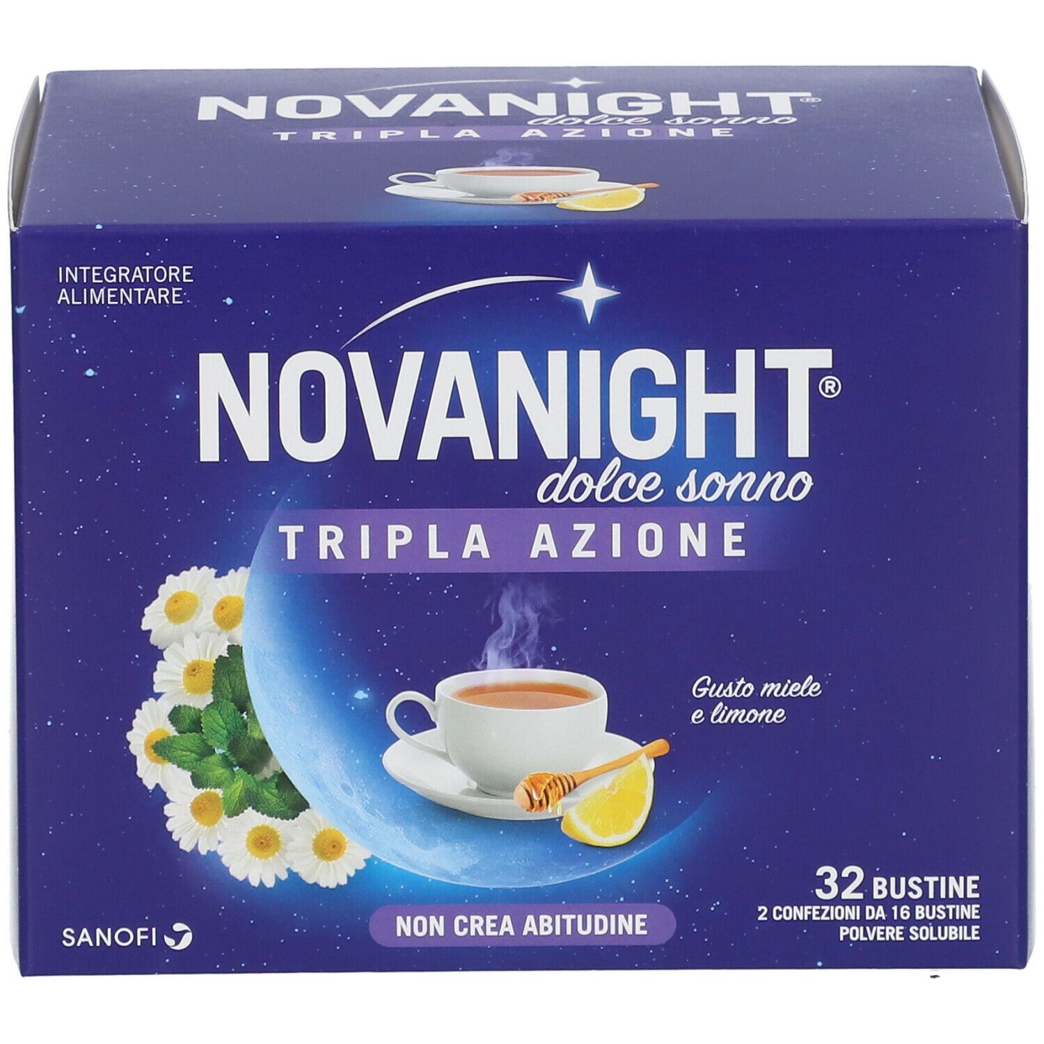Fronte della confezione NOVANIGHT® Dolce Sonno TRIPLA AZIONE. Blu, con nome prodotto, tazza, limone e camomilla.