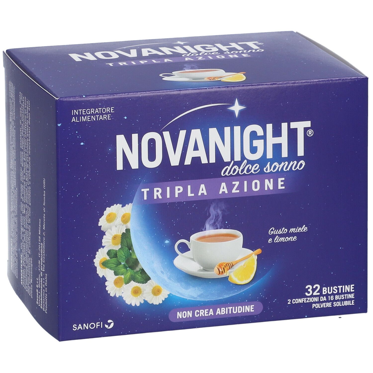 Fronte della confezione NOVANIGHT® Dolce Sonno TRIPLA AZIONE. Blu, con nome prodotto, tazza, limone e camomilla.