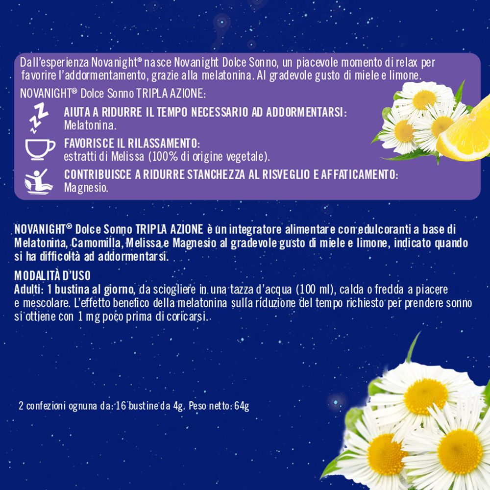 Retro della confezione NOVANIGHT® Dolce Sonno TRIPLA AZIONE. Testo su ingredienti, uso e benefici.