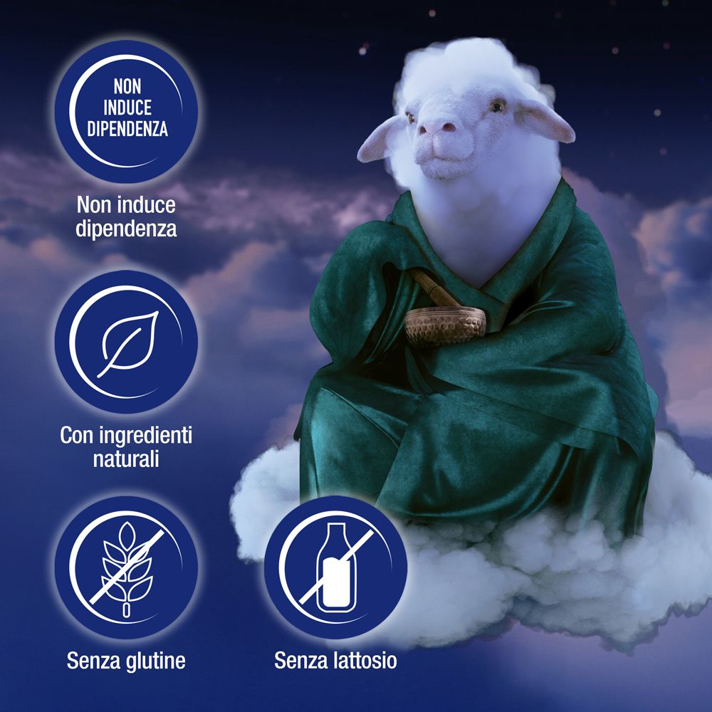 Pecora con mantello, simboli ingredienti naturali, senza glutine, senza lattosio. Testo: NON INDUCE DIPENDENZA.