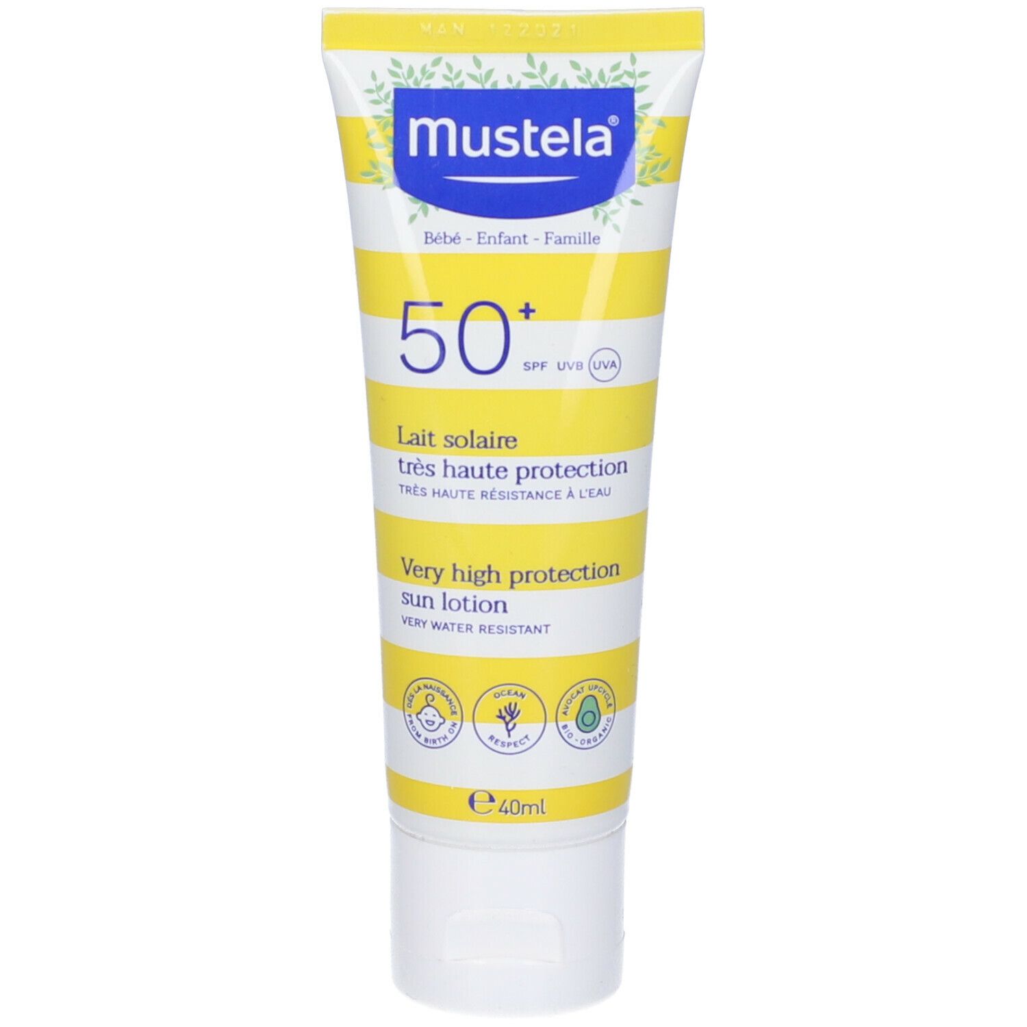 Tubo di lozione solare Mustela® SPF 50+. Strisce gialle e bianche. Scritte e loghi. Protezione molto alta.