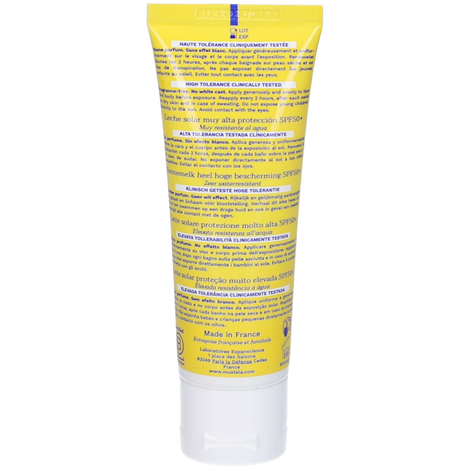 Retro del tubo di lozione solare Mustela® SPF 50+. Testo multilingue. Sfondo giallo. Tappo bianco.