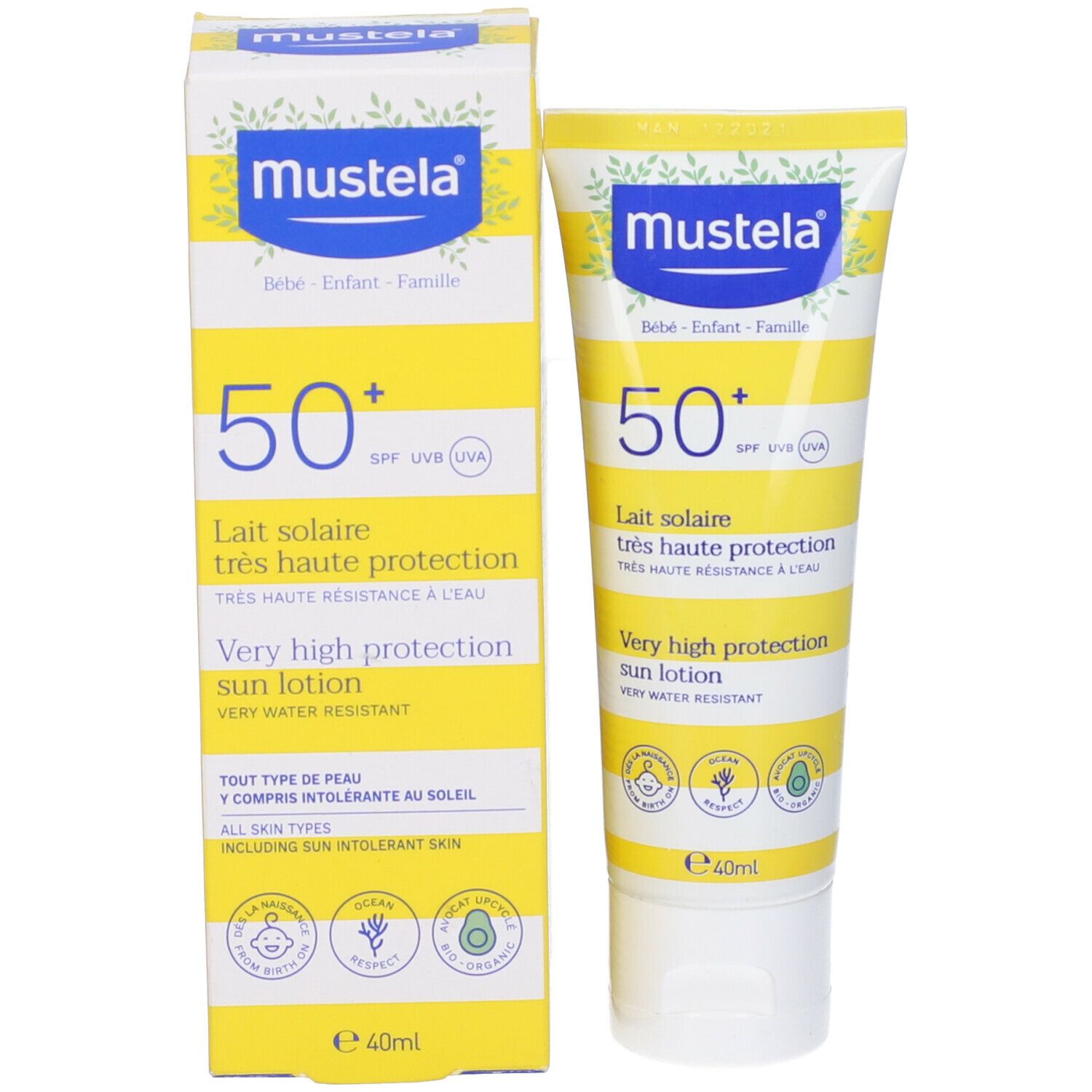 Lozione solare Mustela® SPF 50+ con confezione. Tubo e scatola. Strisce gialle e bianche. Protezione molto alta.