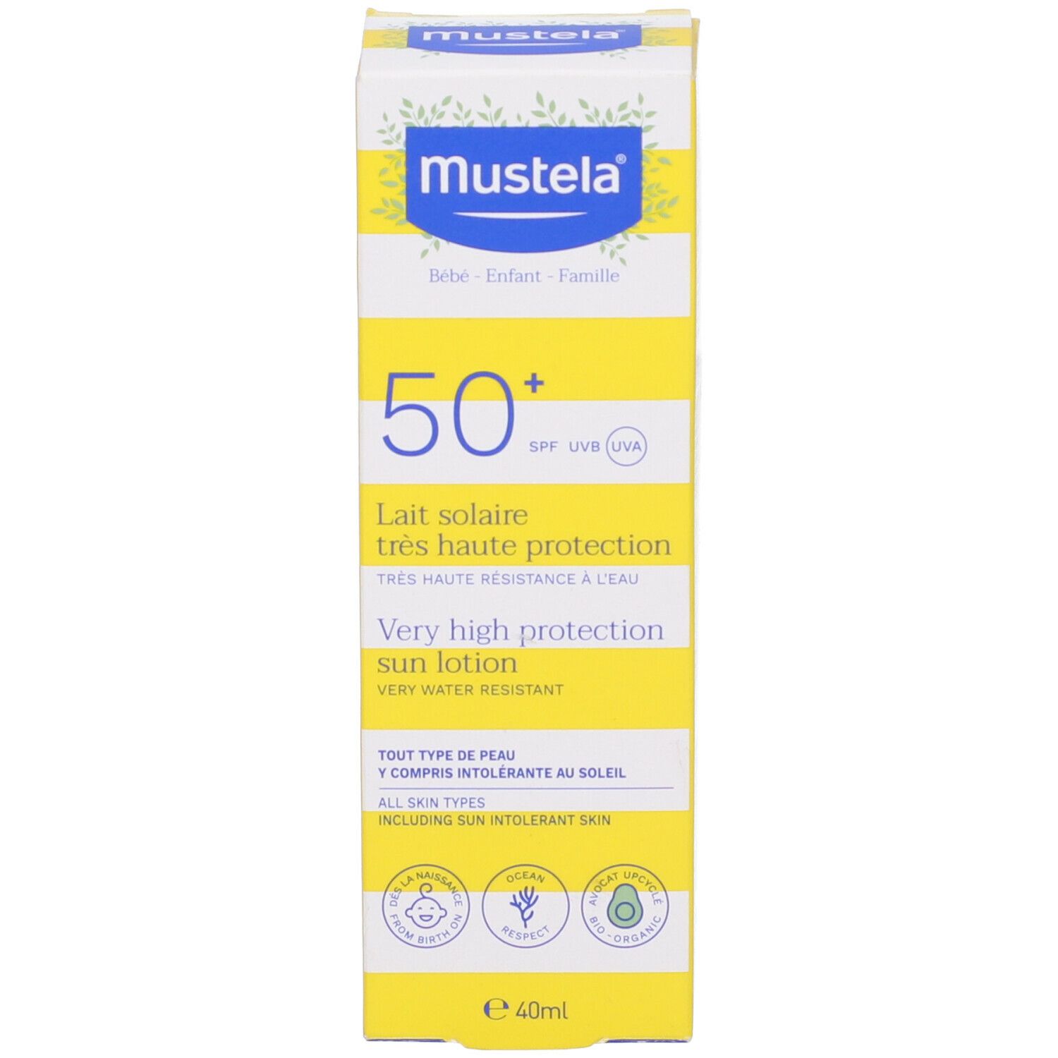 Confezione della lozione solare Mustela® SPF 50+. Strisce gialle e bianche. Scritte e loghi. Protezione molto alta.