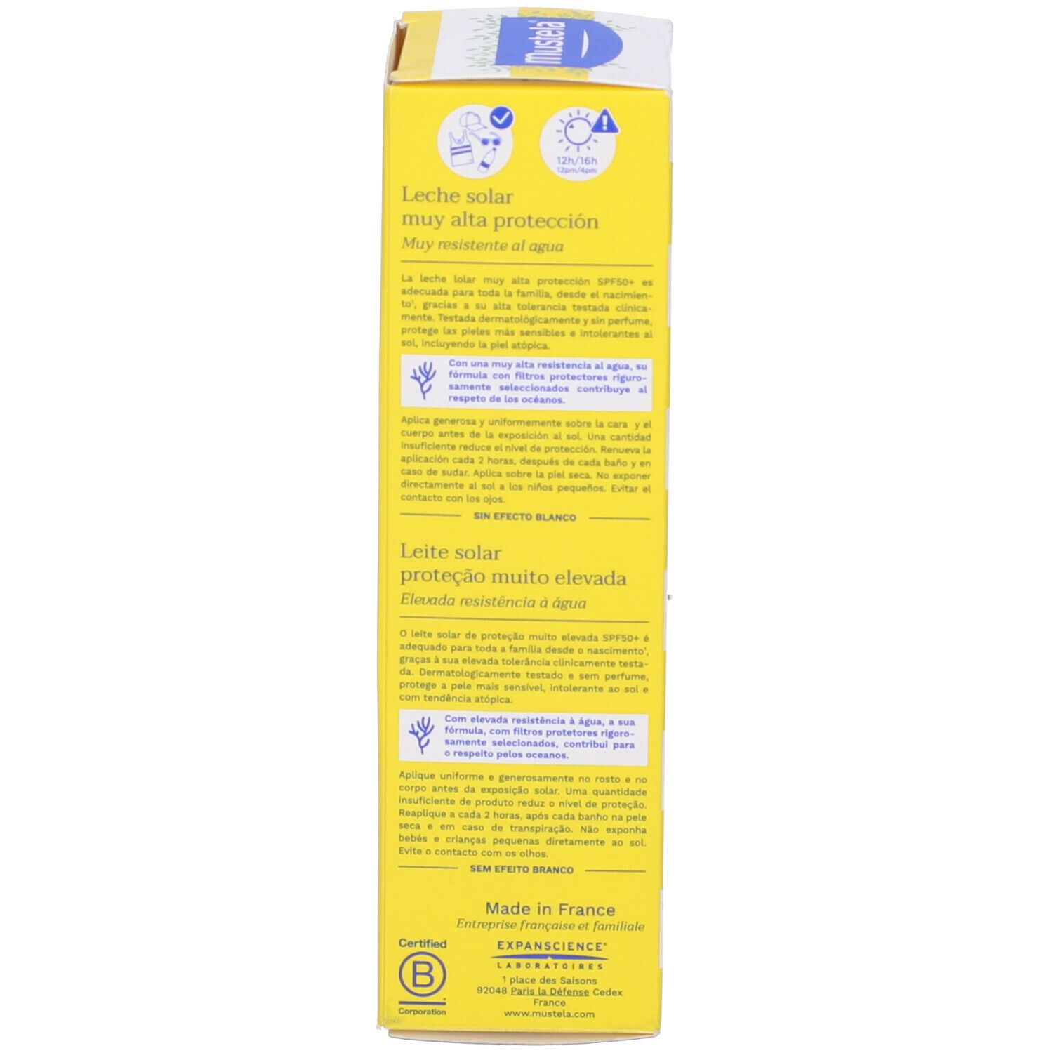 Retro della confezione della lozione solare Mustela® SPF 50+. Testo multilingue. Sfondo giallo.