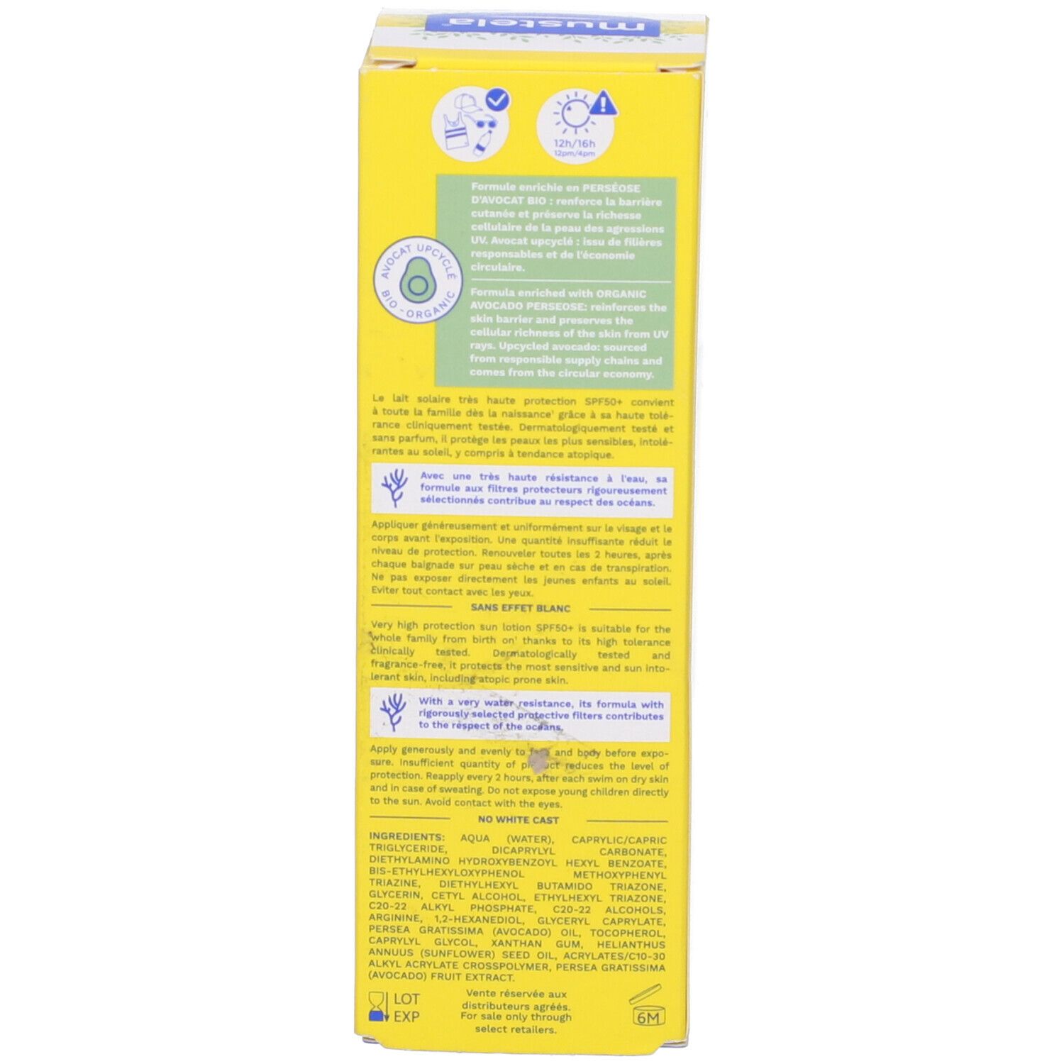 Retro della confezione della lozione solare Mustela® SPF 50+. Testo multilingue. Sfondo giallo.