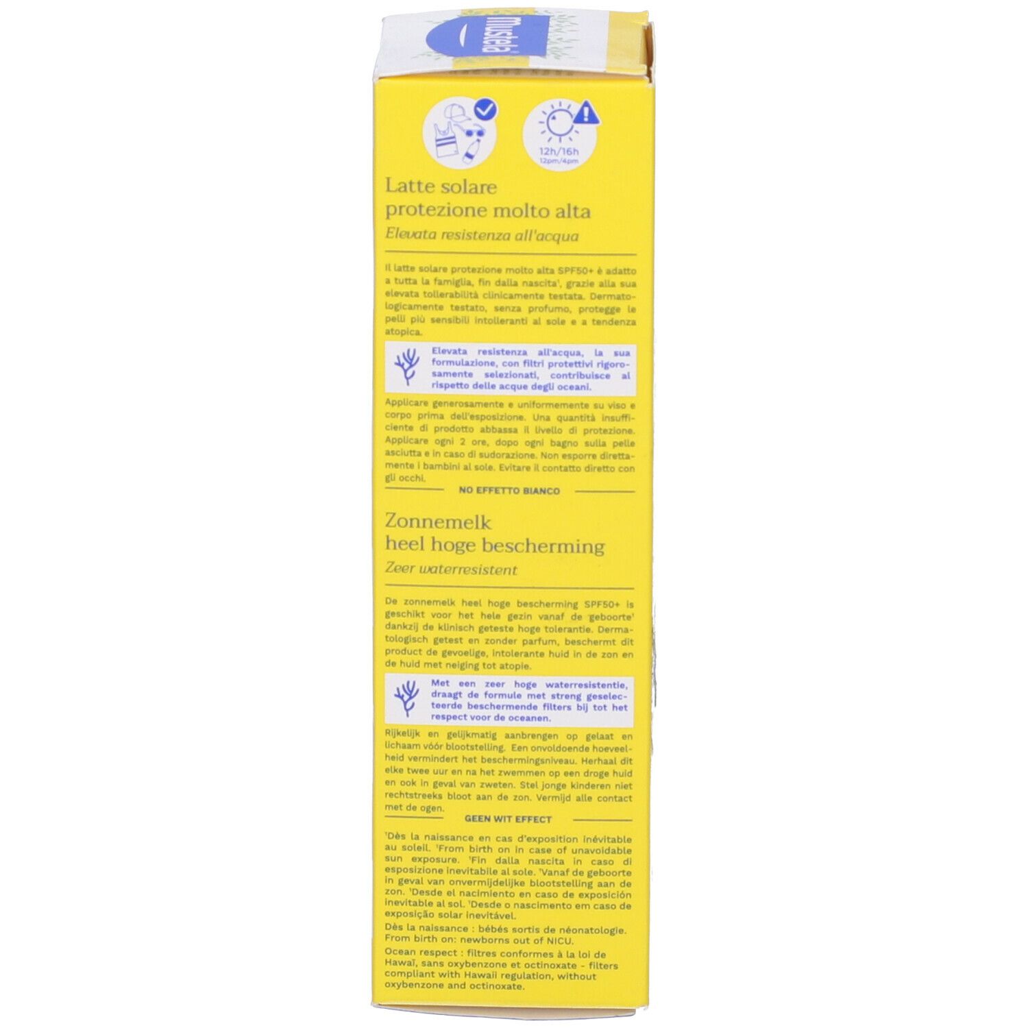 Retro della confezione della lozione solare Mustela® SPF 50+. Testo multilingue. Sfondo giallo.
