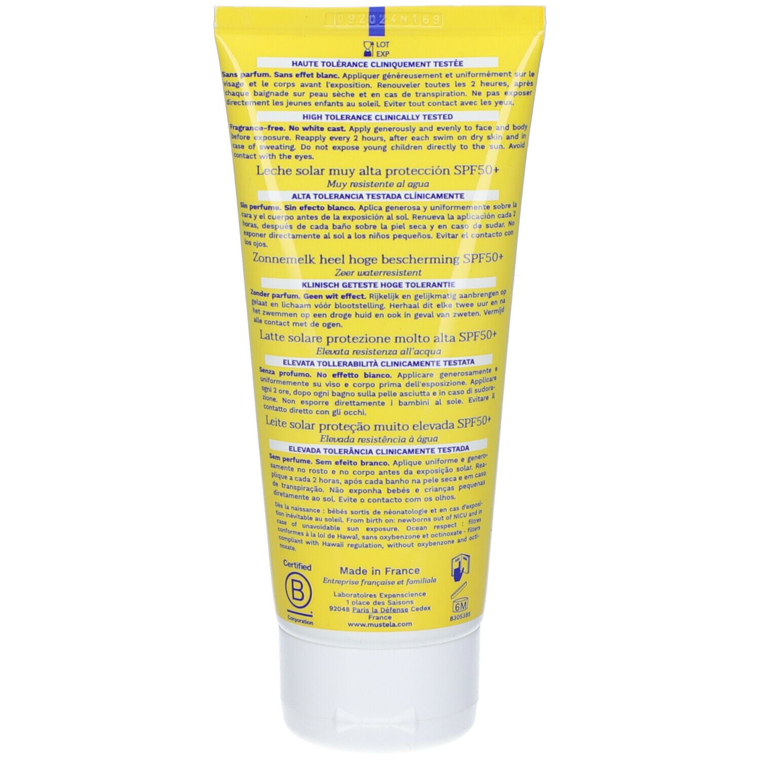 Retro del tubo di crema solare. Testo multilingue. Sfondo giallo. Scritta bianca.