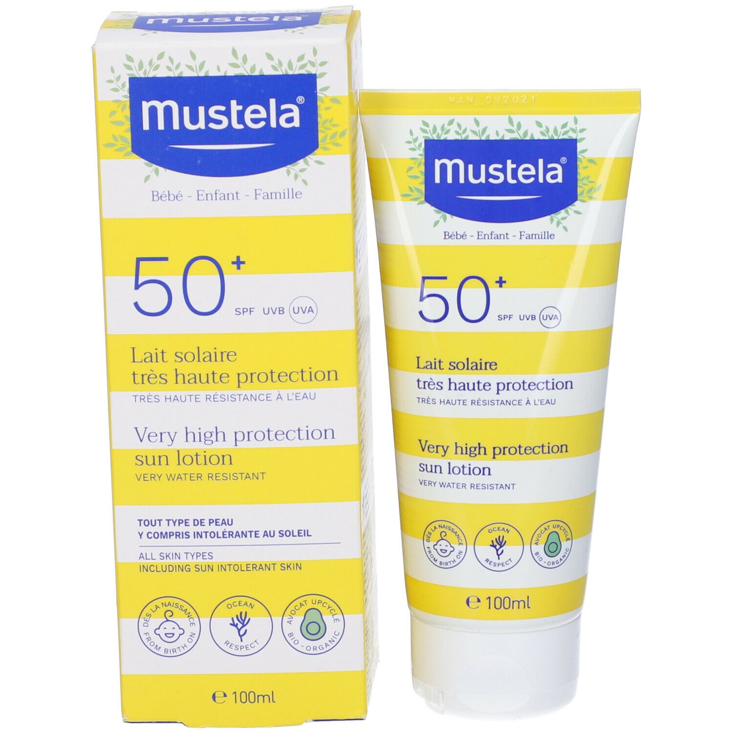 Tubo e scatola di crema solare. Scritta: Mustela, 50+, Lait solaire, protezione molto alta. Giallo e bianco.