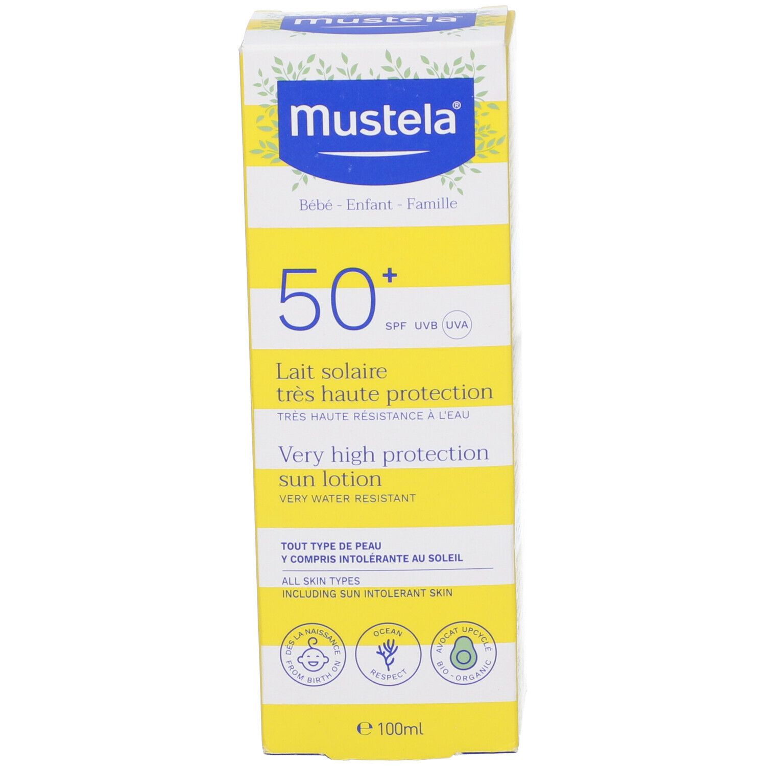 Scatola di crema solare. Scritta: Mustela, 50+, Lait solaire, protezione molto alta. Giallo e bianco.