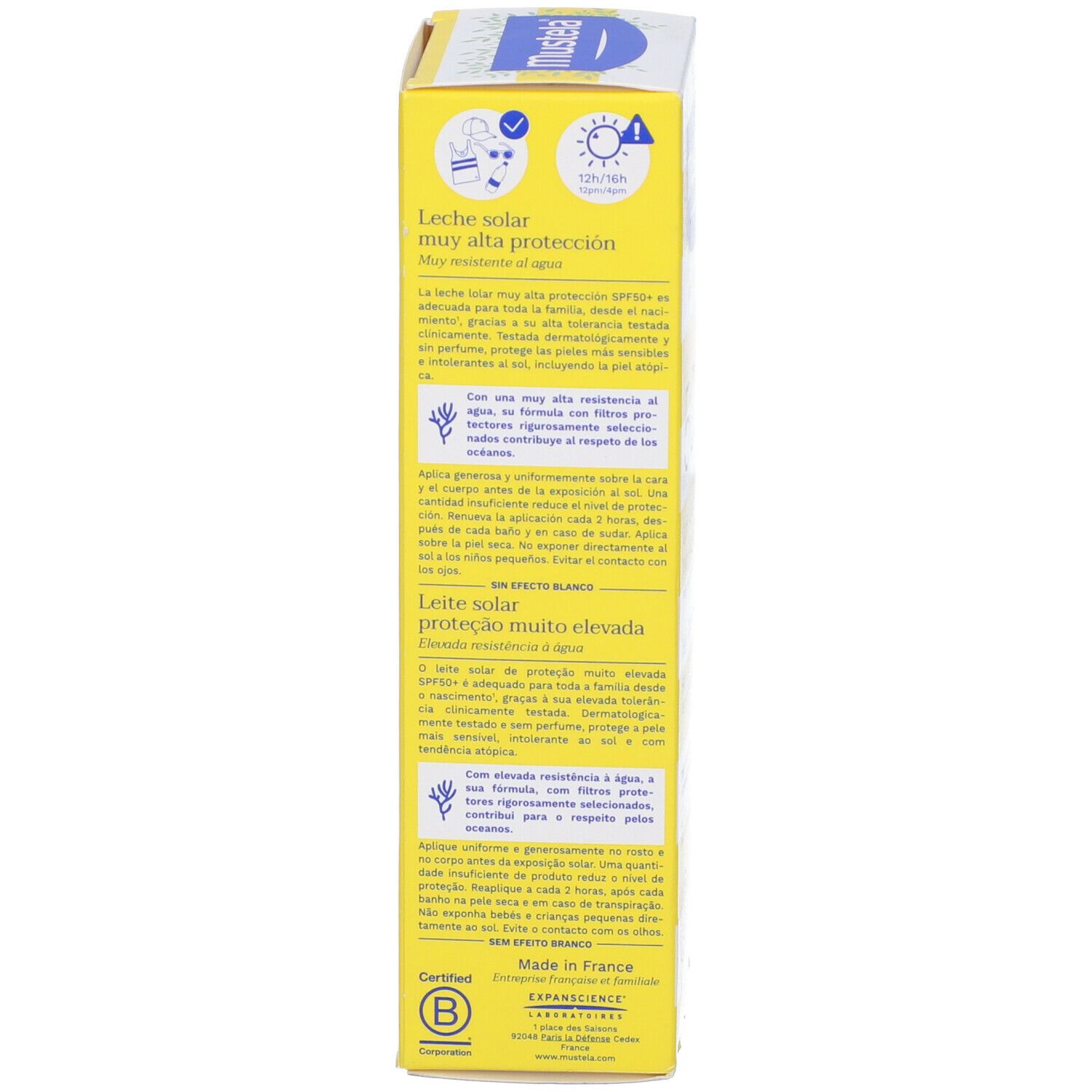 Lato della scatola di crema solare. Testo multilingue. Sfondo giallo. Scritta bianca.