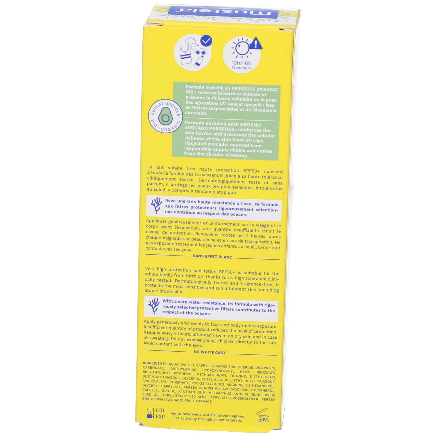 Lato della scatola di crema solare. Testo multilingue. Sfondo giallo. Scritta bianca.