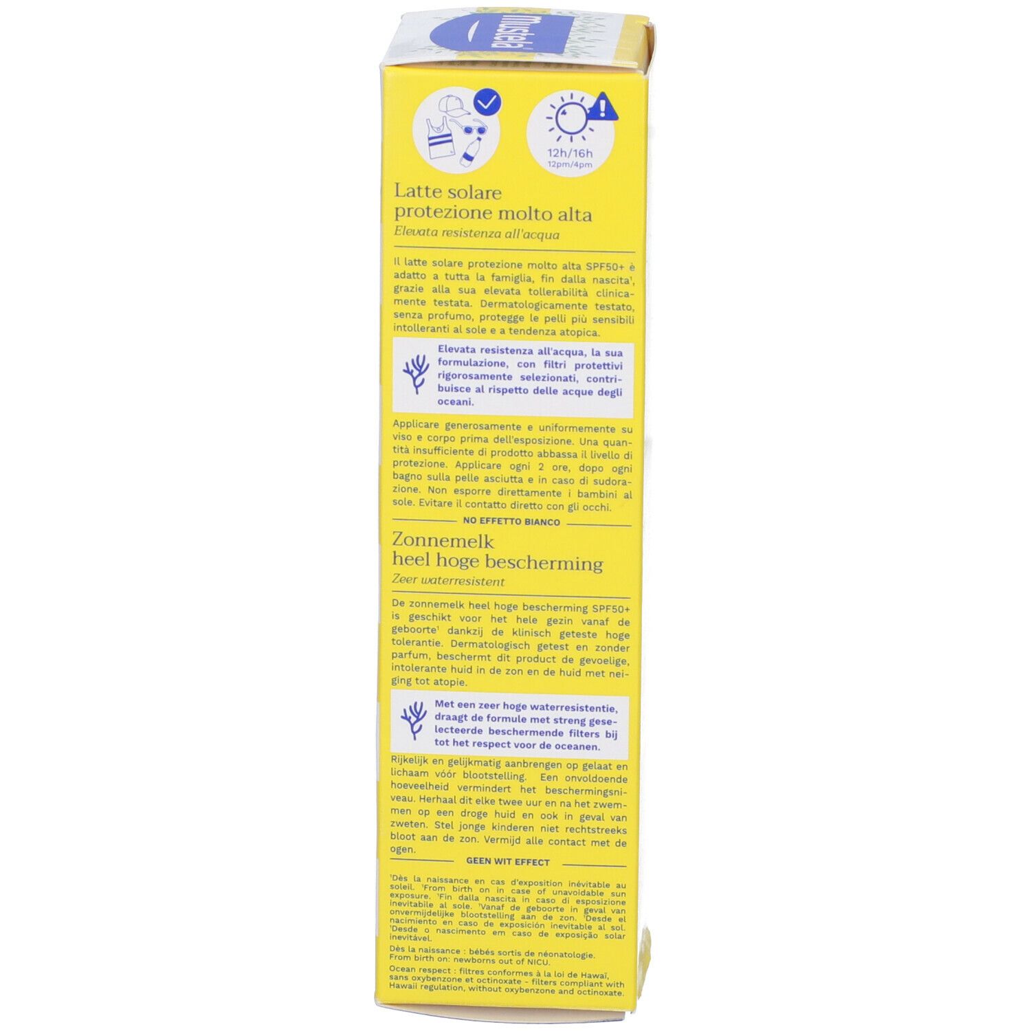 Lato della scatola di crema solare. Testo multilingue. Sfondo giallo. Scritta bianca.