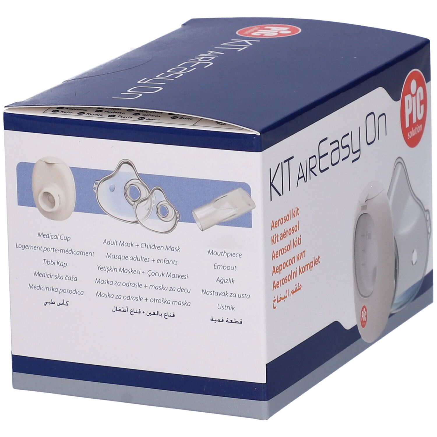Aerosol-Kit-Verpackung. Enthält Masken, Mundstück und Vernebler. Marke PIC, Schriftzug KIT AIReasy On.