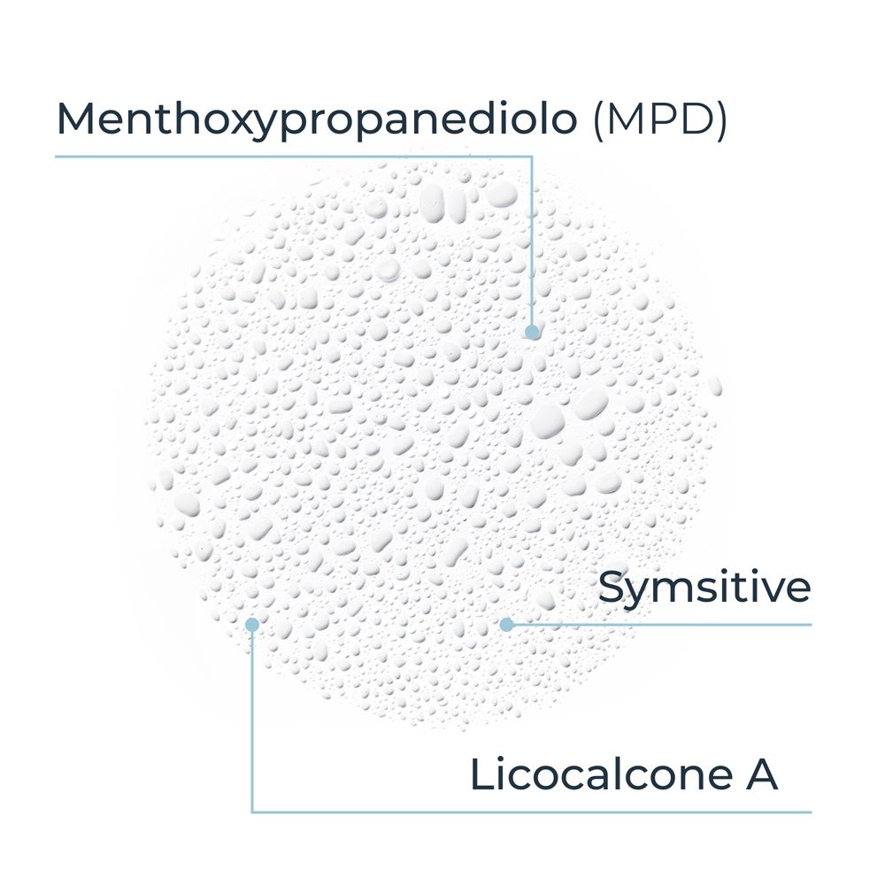 Nahaufnahme von Wassertröpfchen. Beschriftung: Menthoxypropanediol, Symsitive, Licochalcone A. Auf hellem Hintergrund.