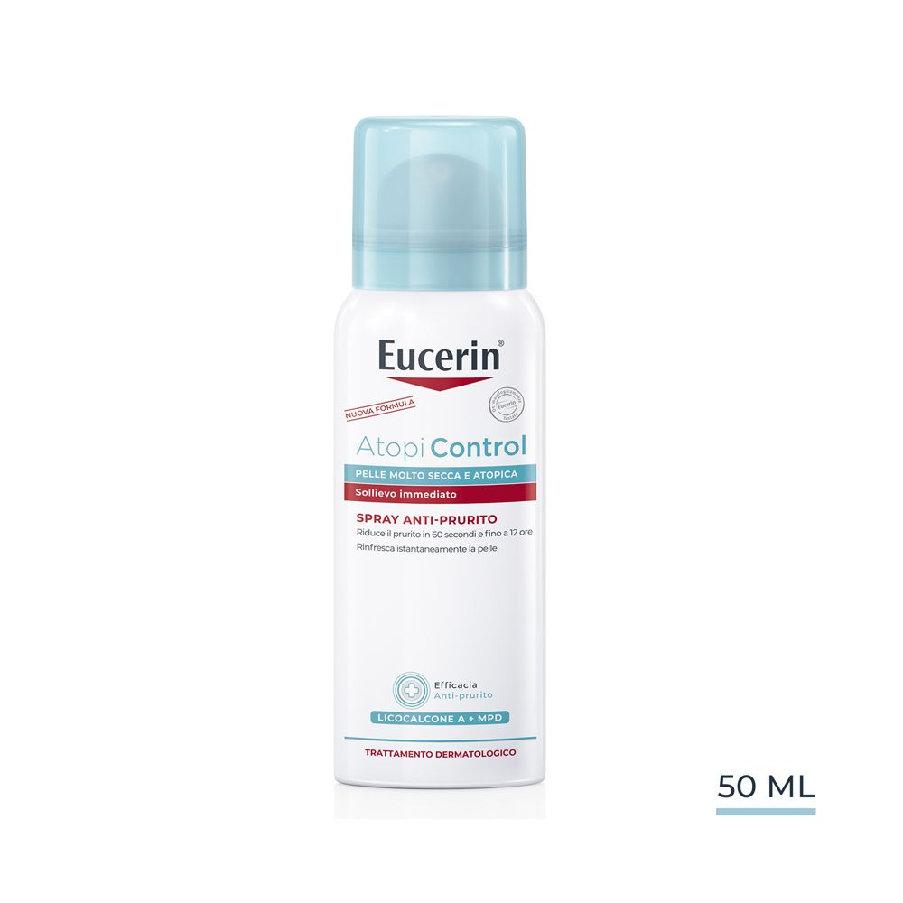 Eucerin AtopiControl Spray Anti-Prurito. Weiße Flasche mit blauem Sprühkopf. Rote und blaue Beschriftung. 50 ml.