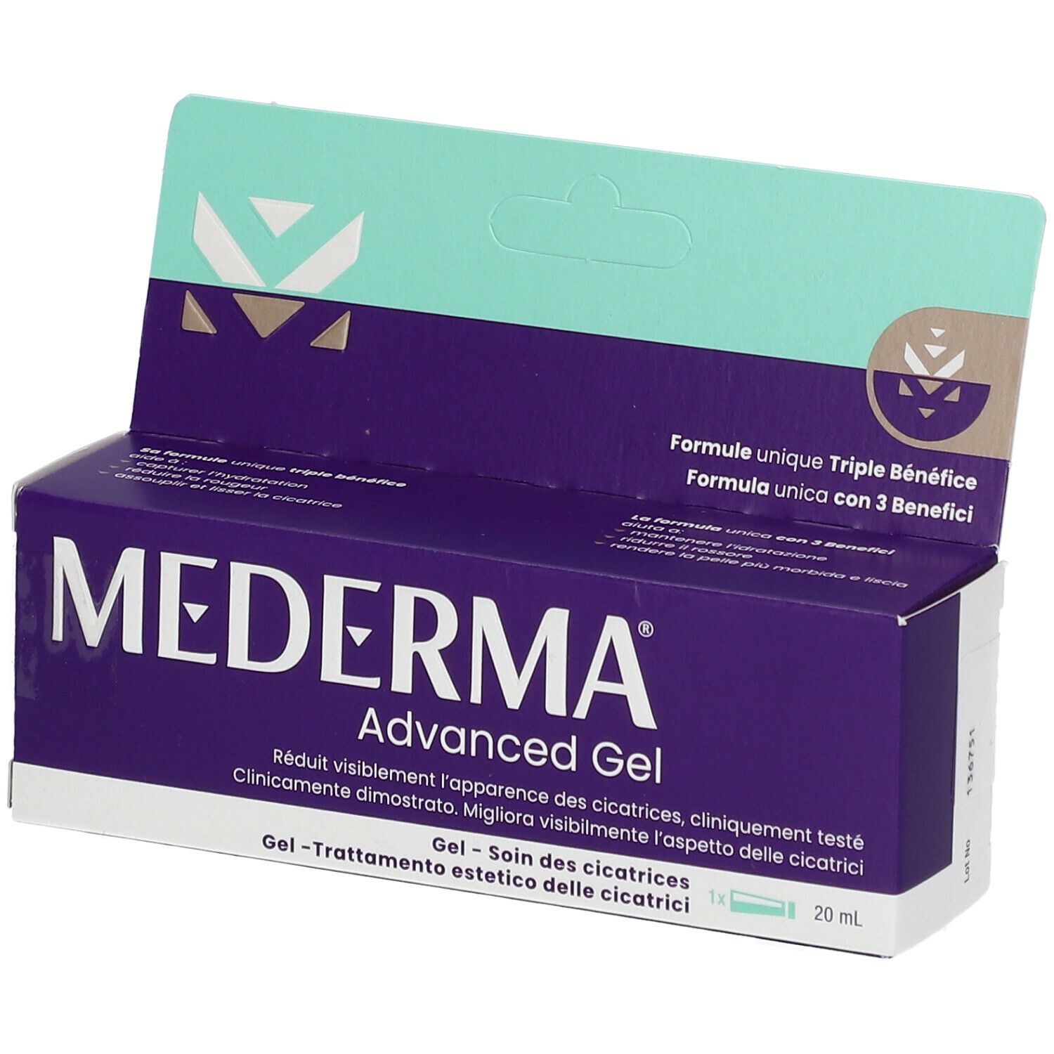 Confezione di MEDERMA® Advanced Gel, parzialmente aperta. Scatola viola con testo bianco. Contiene testo in tedesco, francese, italiano e olandese.