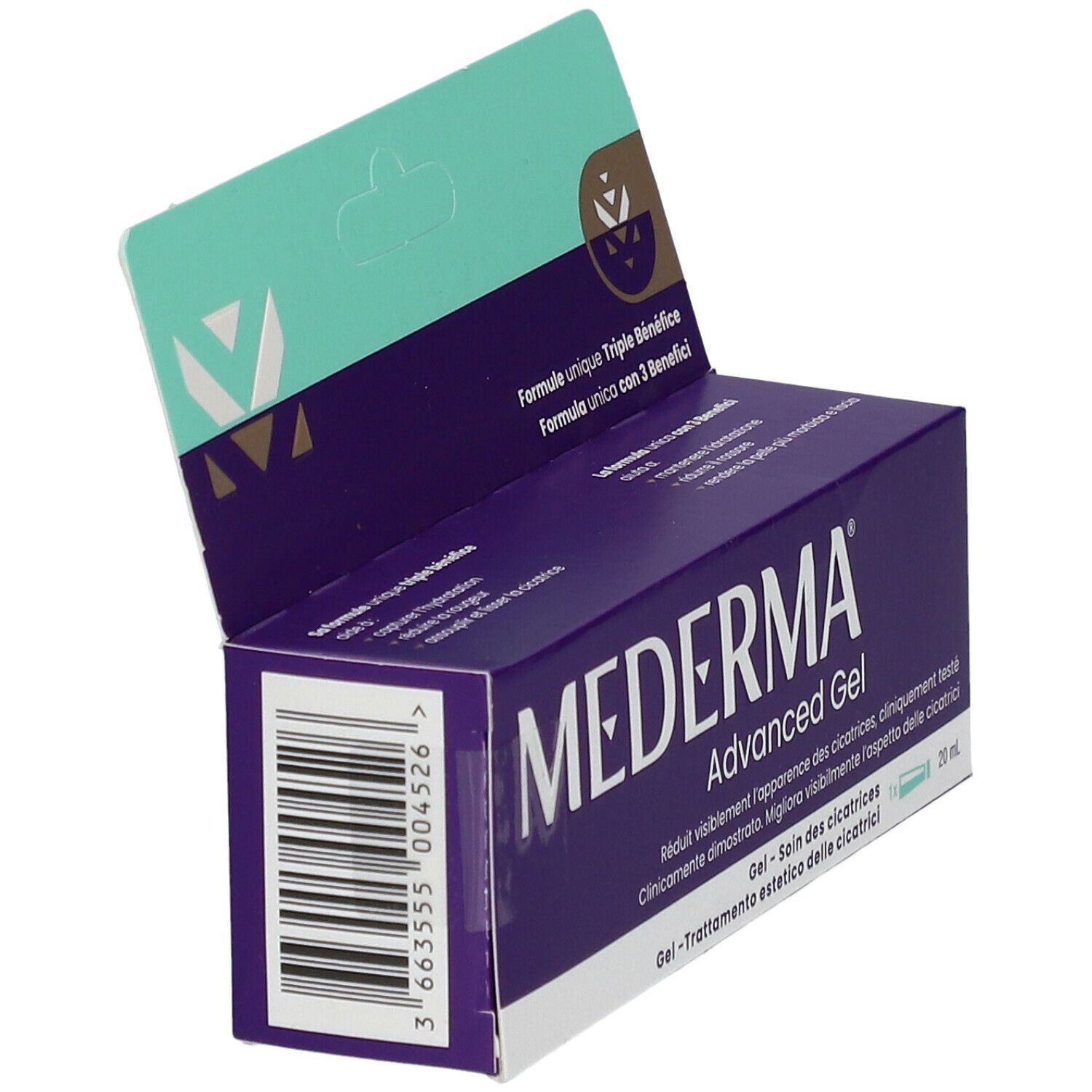 Confezione di MEDERMA® Advanced Gel, aperta. Scatola viola con testo bianco. Contiene testo in tedesco, francese, italiano e olandese.