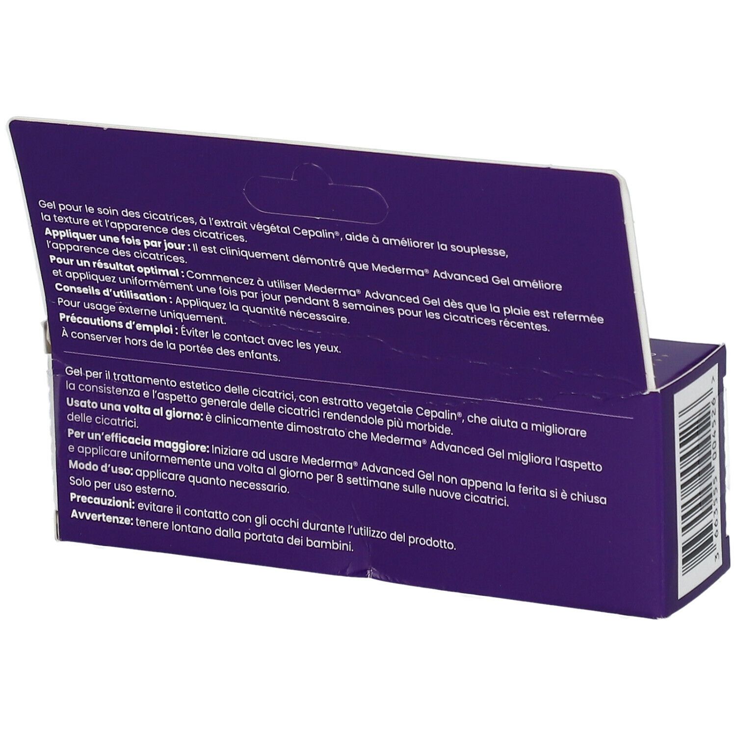 Retro della confezione di MEDERMA® Advanced Gel, aperta. Contiene testo in tedesco, francese, italiano e olandese.