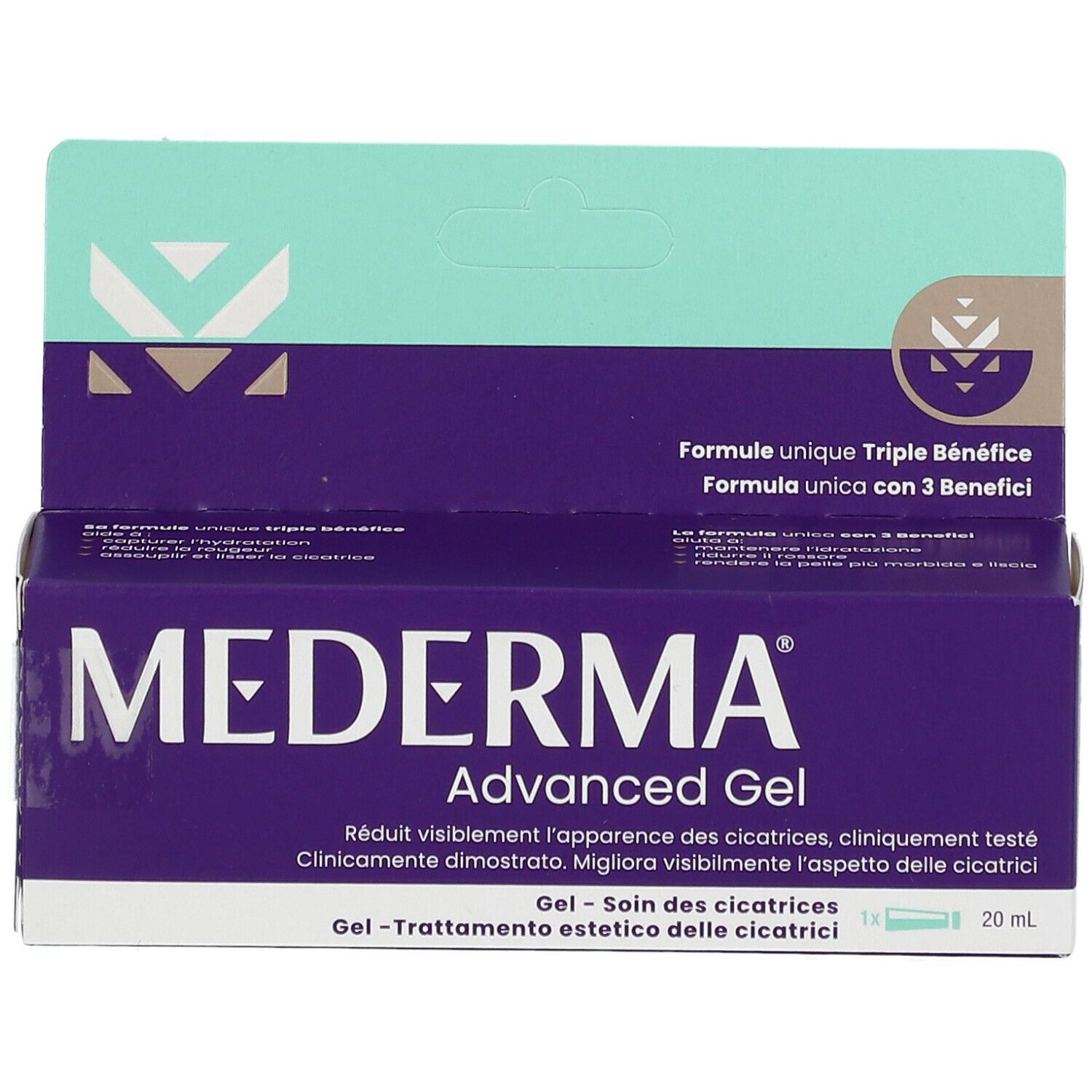 Confezione di MEDERMA® Advanced Gel. Scatola viola con testo bianco. Contiene testo in tedesco, francese, italiano e olandese.