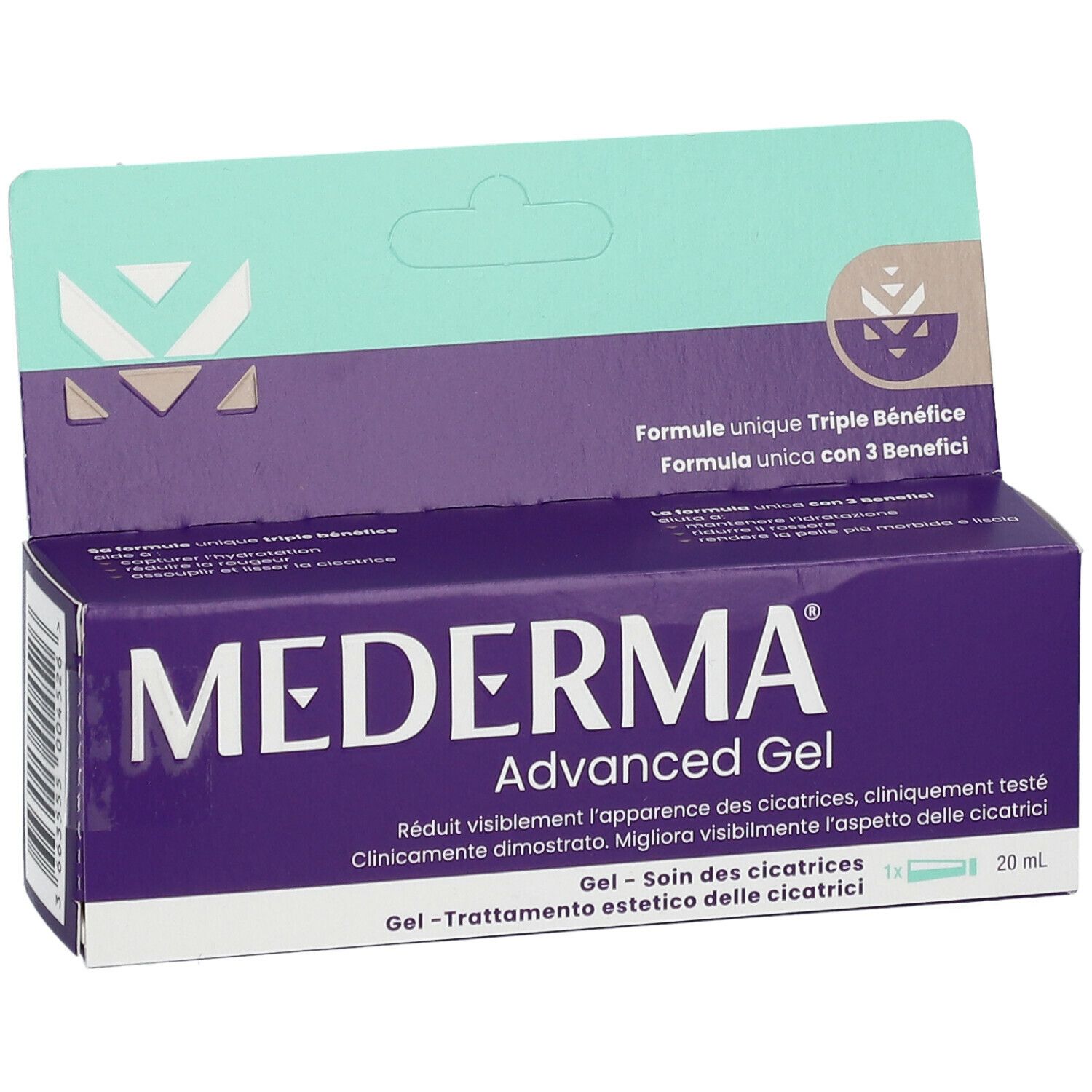 Confezione di MEDERMA® Advanced Gel. Scatola viola con testo bianco. Contiene testo in tedesco, francese, italiano e olandese.