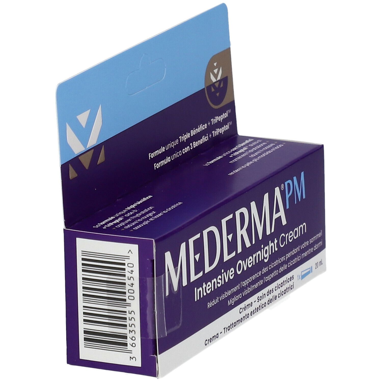 MEDERMA® PM Crema Intensiva Notte. Confezione con nome del prodotto e testo. Tonalità blu e viola. Codice a barre.