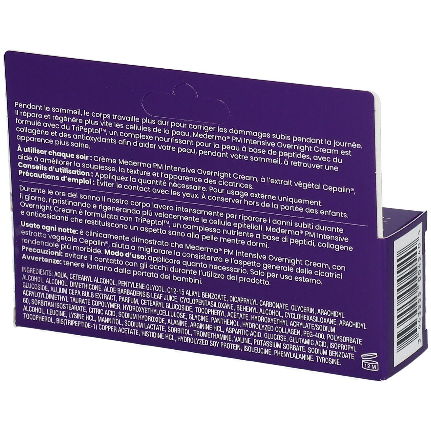 Retro della confezione MEDERMA® PM Crema Intensiva Notte. Testo e ingredienti. Viola e bianco.