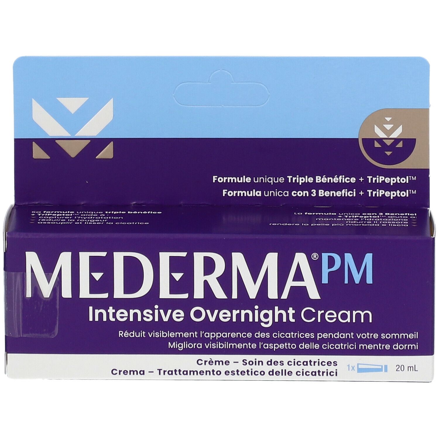 MEDERMA® PM Crema Intensiva Notte. Confezione con nome del prodotto e testo. Tonalità blu e viola.