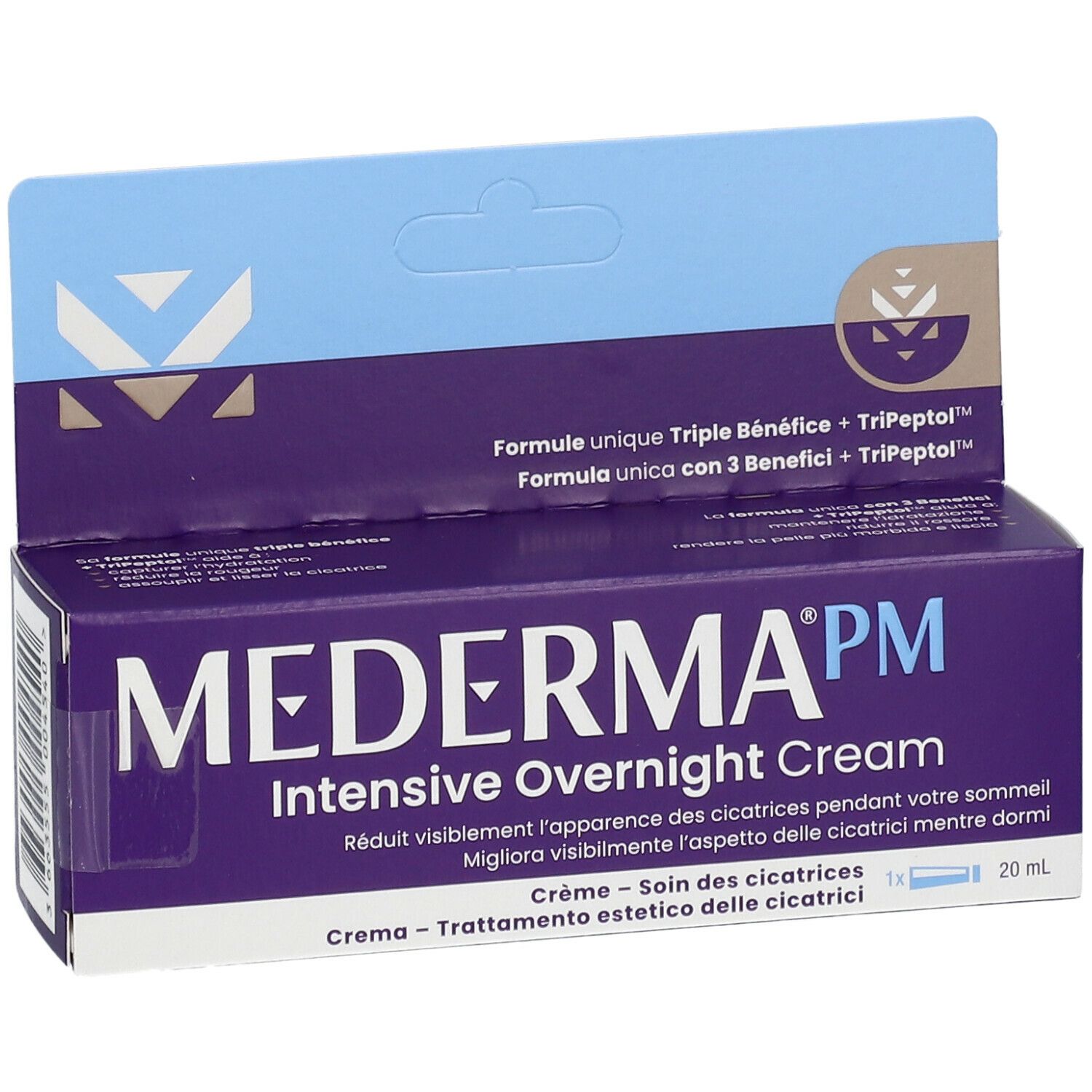 MEDERMA® PM Crema Intensiva Notte. Confezione con nome del prodotto e testo. Tonalità blu e viola.