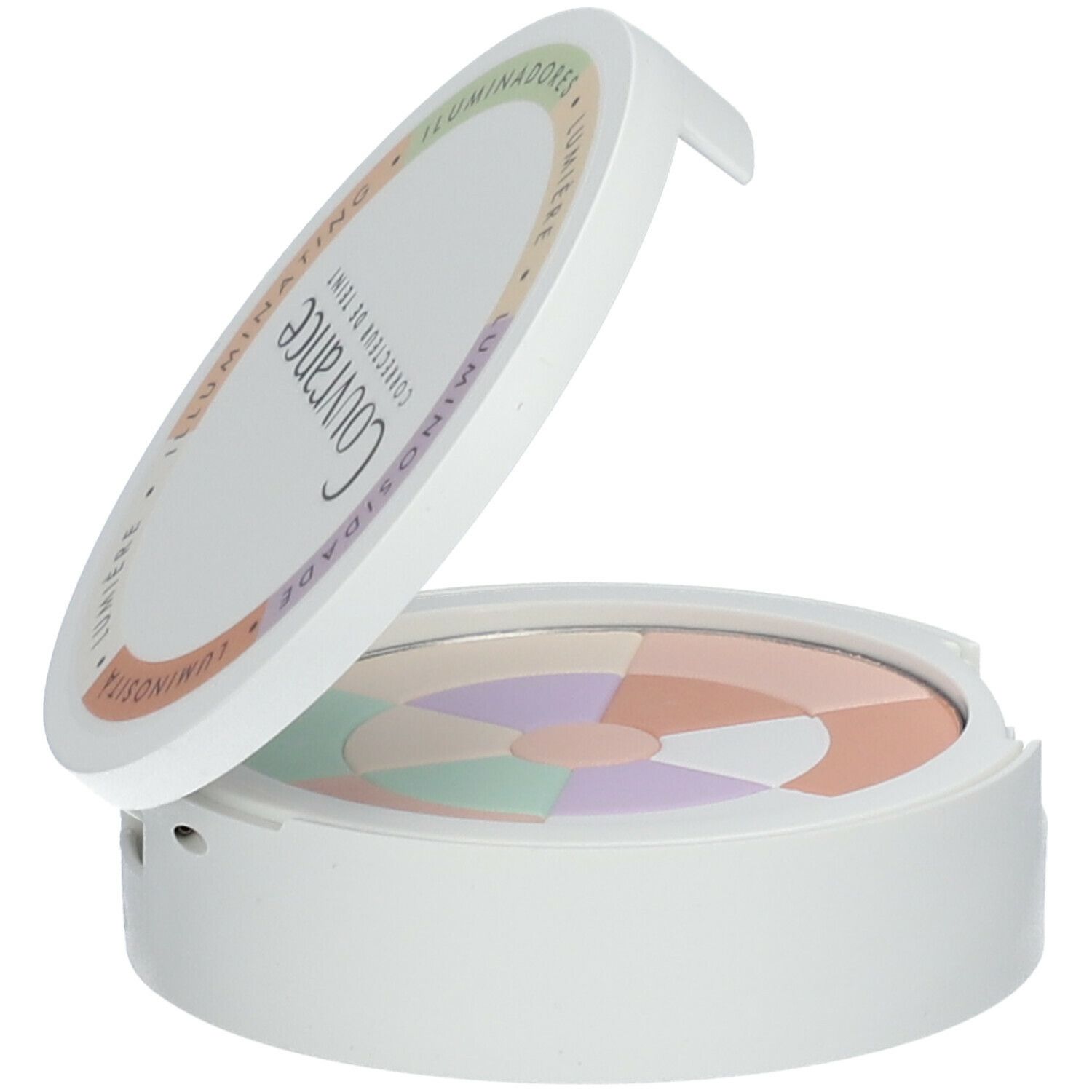 Cipria mosaico Couvrance in un contenitore bianco aperto con specchio. Polvere multicolore.