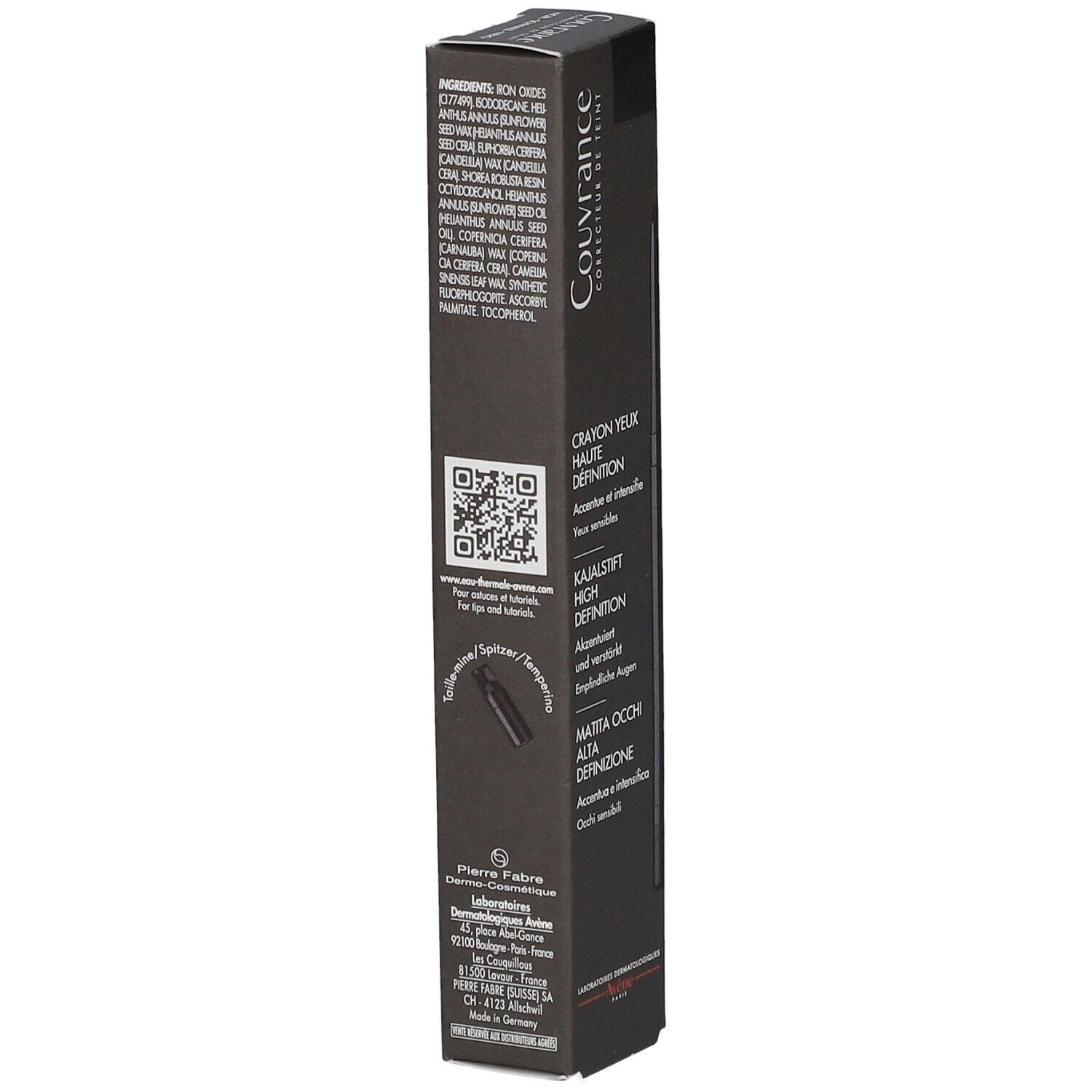 Retro della confezione nera. Testo: Couvrance, Crayon Yeux Haute Définition, Kajalstift High Definition, Matita Occhi Alta Definizione.