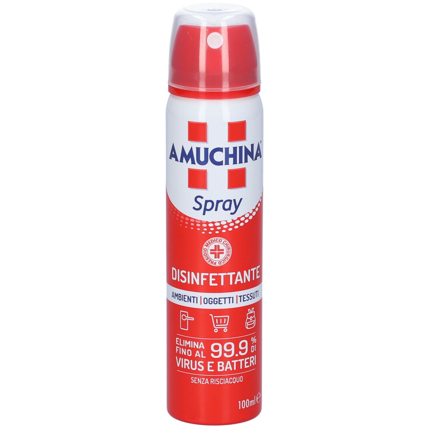 Amuchina Spray Disinfettante. Flacone spray rosso e bianco con tappo rosso. Scritta: 'Spray', 'Disinfettante'.