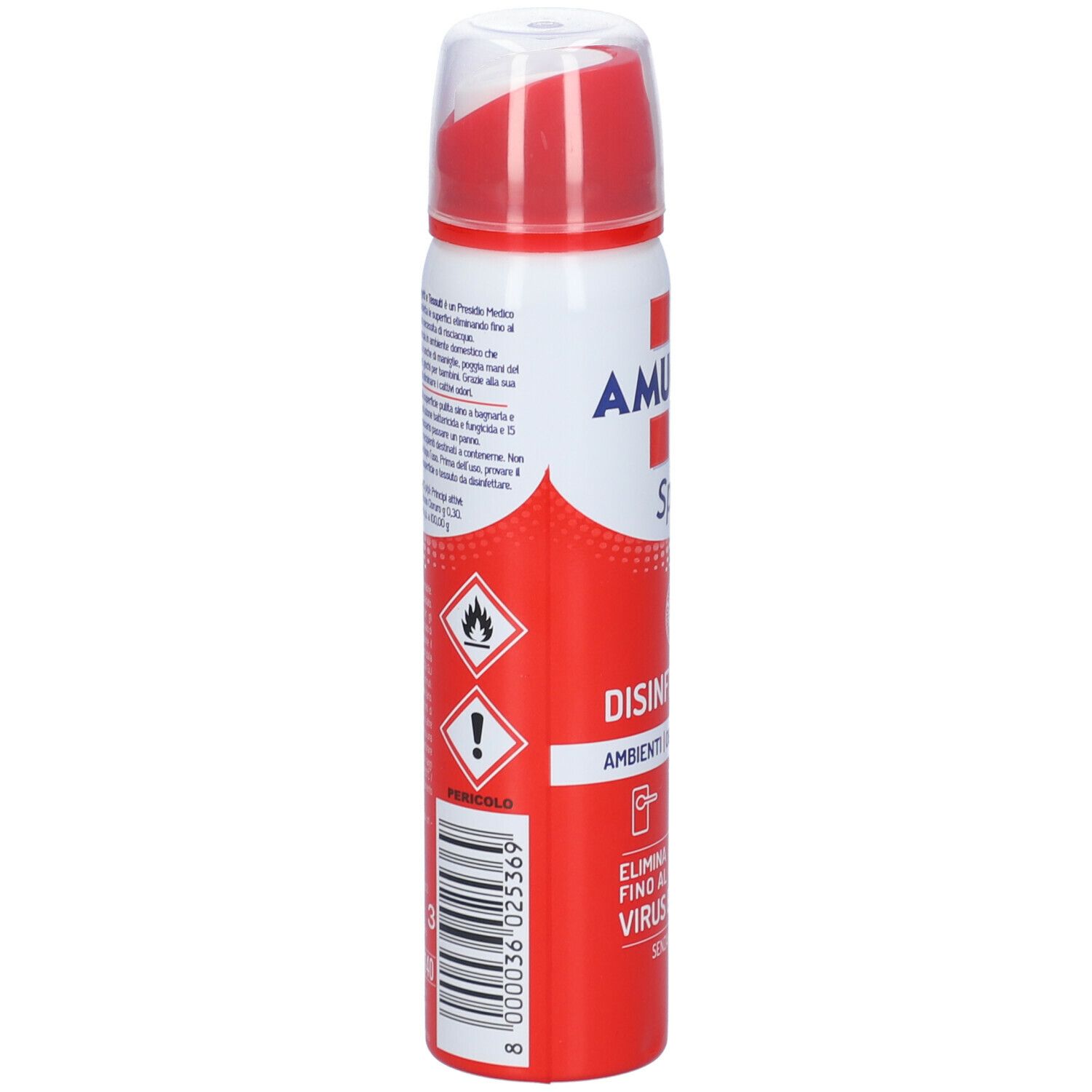 Amuchina Spray Disinfettante. Flacone spray rosso e bianco con tappo rosso. Scritta: 'Spray', 'Disinfettante'. Retro con testo.