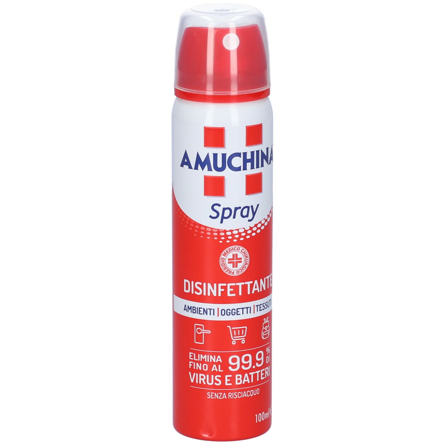 Amuchina Spray Disinfettante. Flacone spray rosso e bianco con tappo rosso. Scritta: 'Spray', 'Disinfettante'.