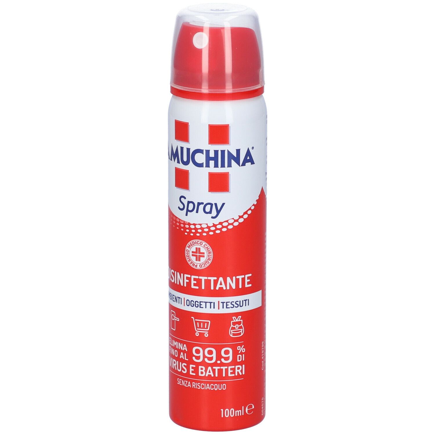 Amuchina Spray Disinfettante. Flacone spray rosso e bianco con tappo rosso. Scritta: 'Spray', 'Disinfettante'.