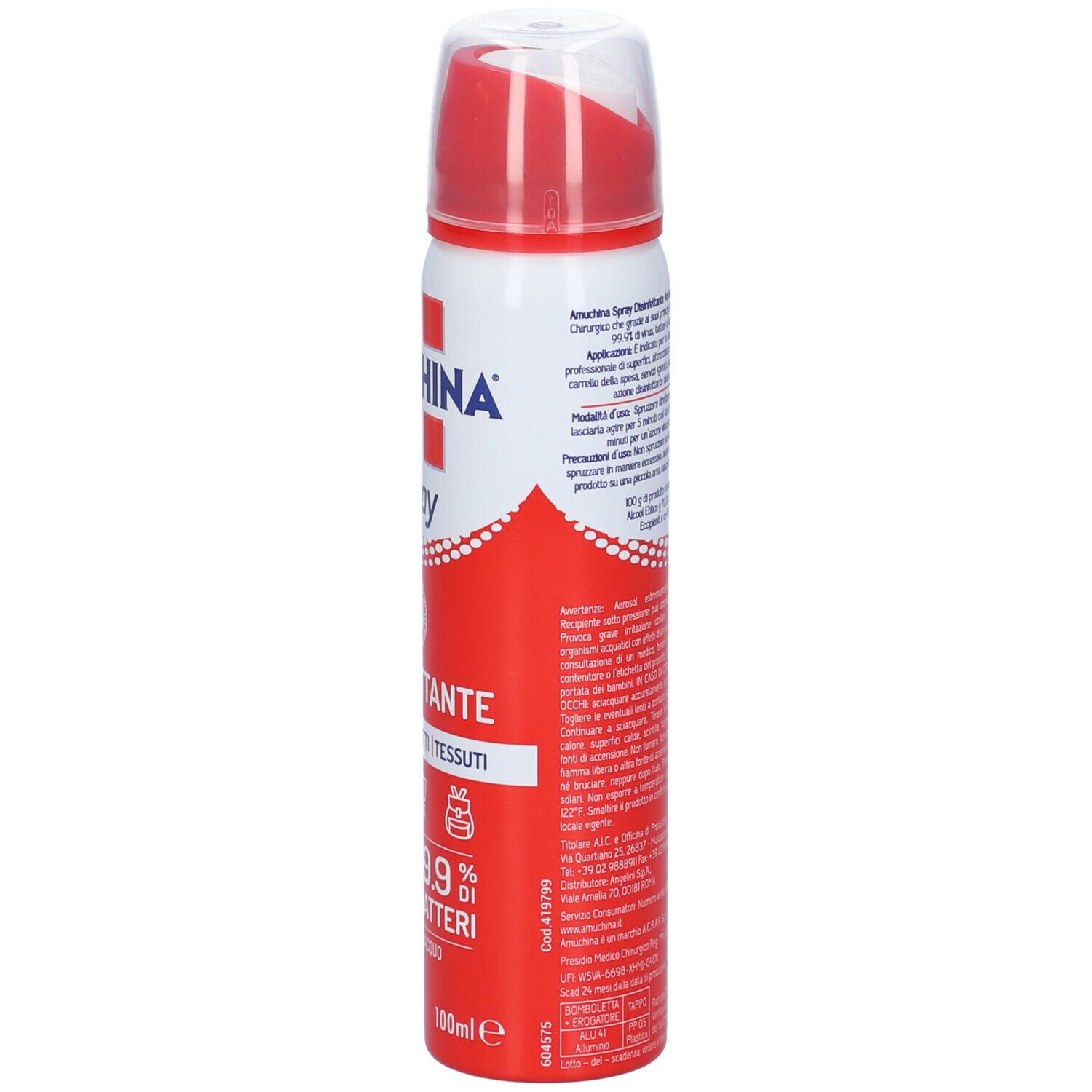 Amuchina Spray Disinfettante. Flacone spray rosso e bianco con tappo rosso. Scritta: 'Spray', 'Disinfettante'.